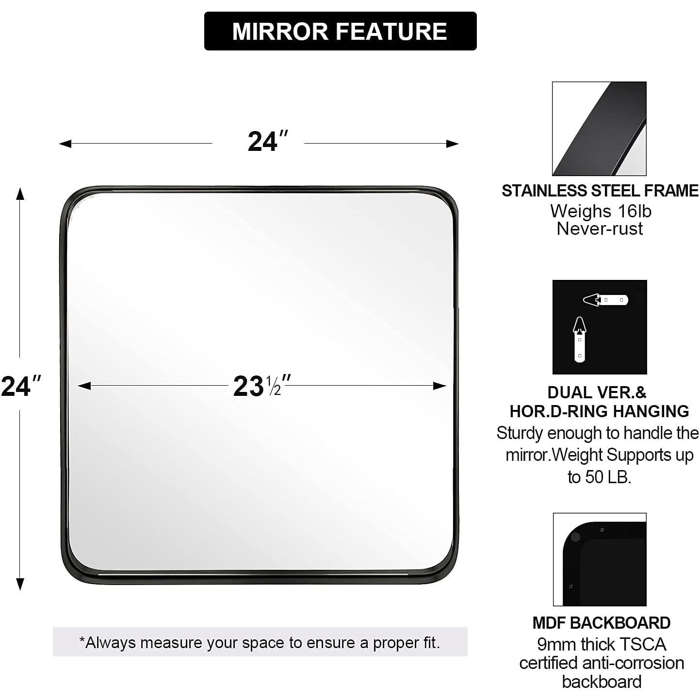 Espejo de Pared Cuadrado ANDY STAR 61x61 cm Negro Mate