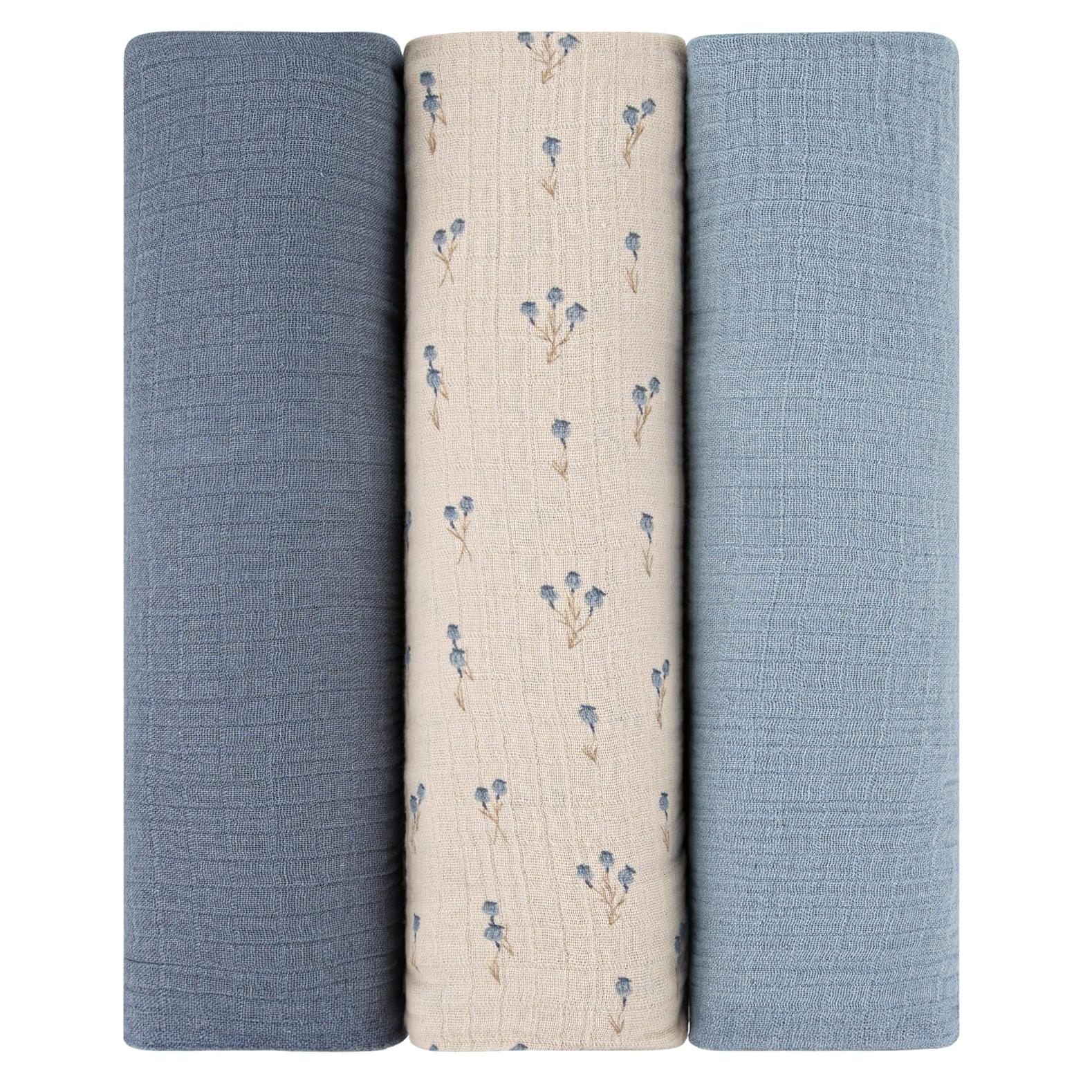 Ely's & Co. Manta de Muselina 3-Pack 100% Algodón Azul