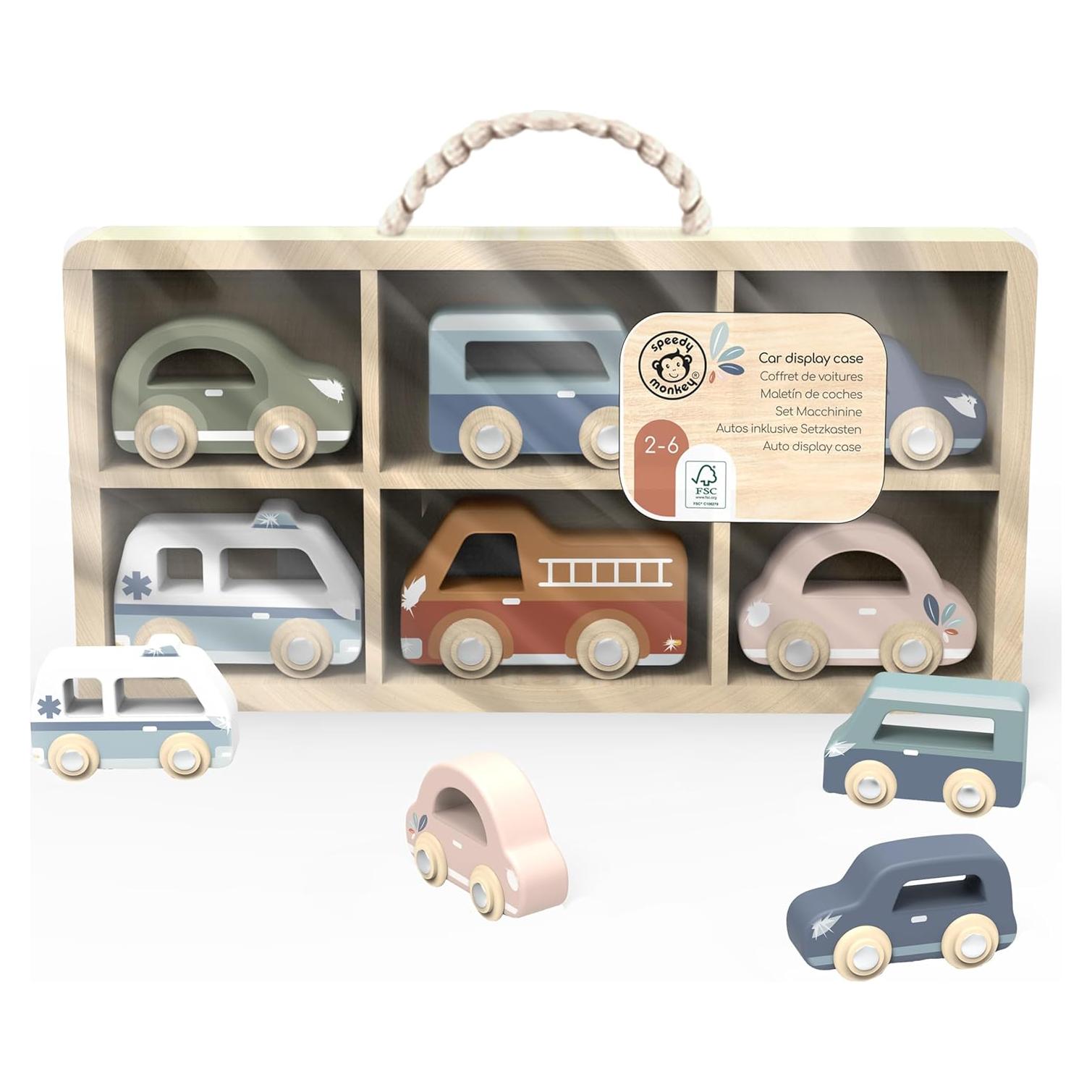 Juego de Coches de Madera Speedy Monkey - 6 Vehículos Coloridos