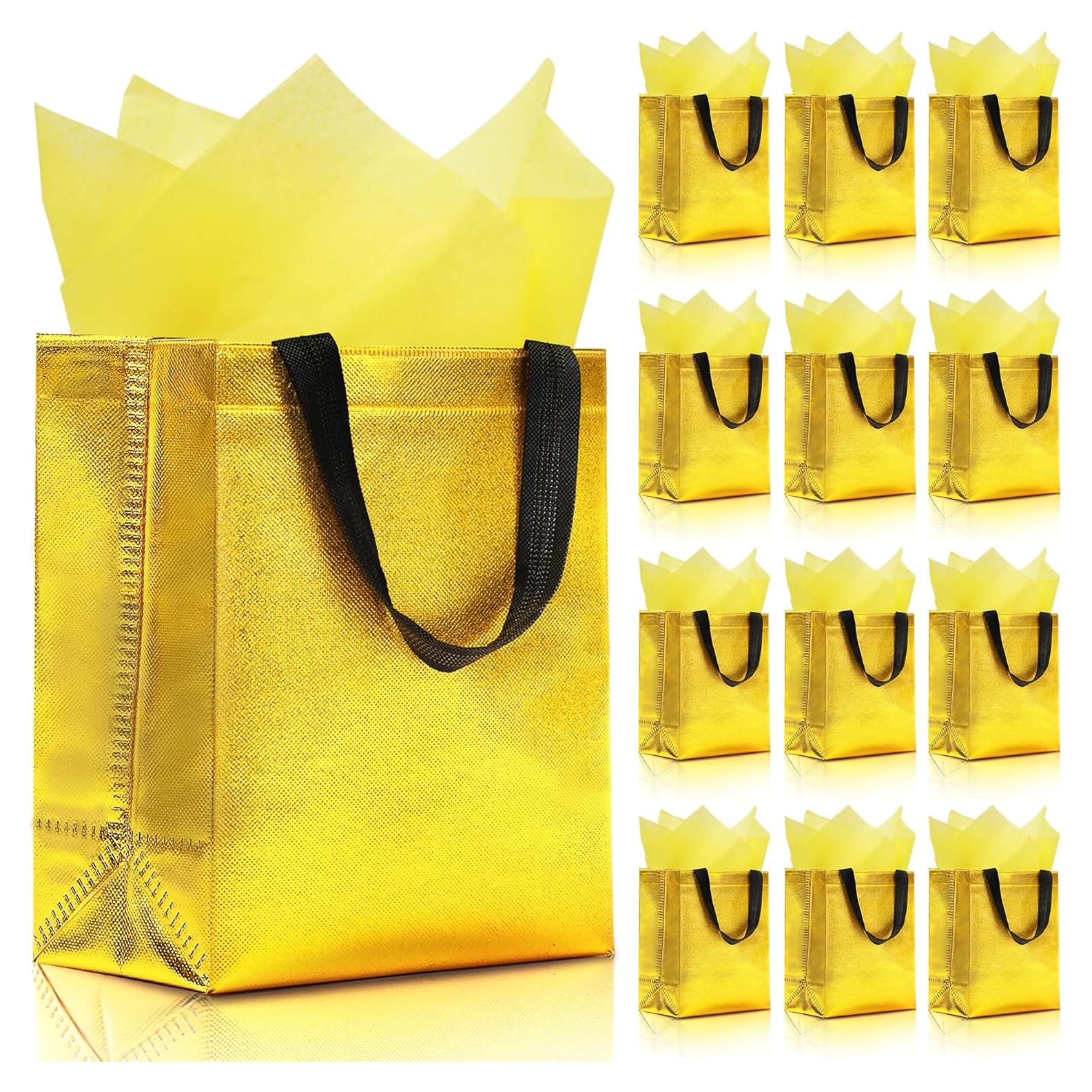 Keerxun 12 Bolsas de Regalo Reutilizables Doradas 25.4x10.2x20.3cm