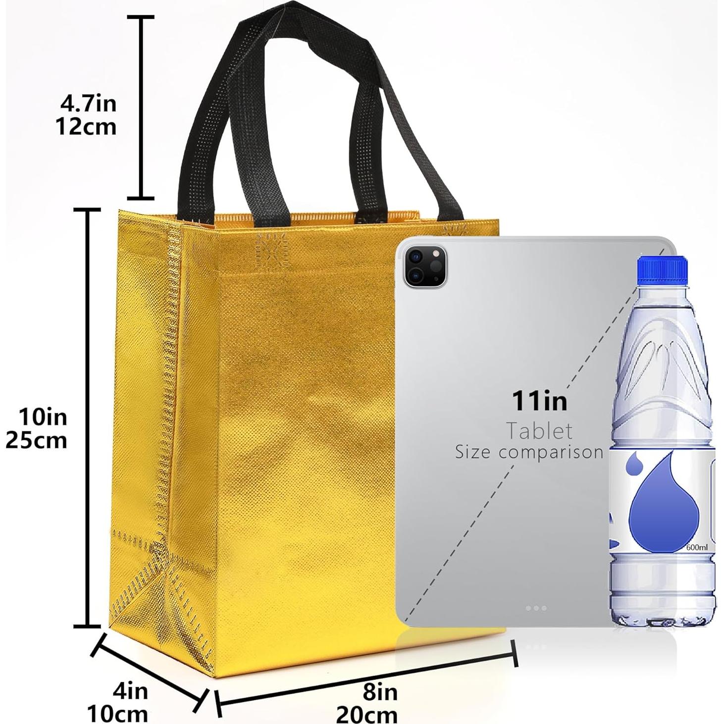 Keerxun 12 Bolsas de Regalo Reutilizables Doradas 25.4x10.2x20.3cm