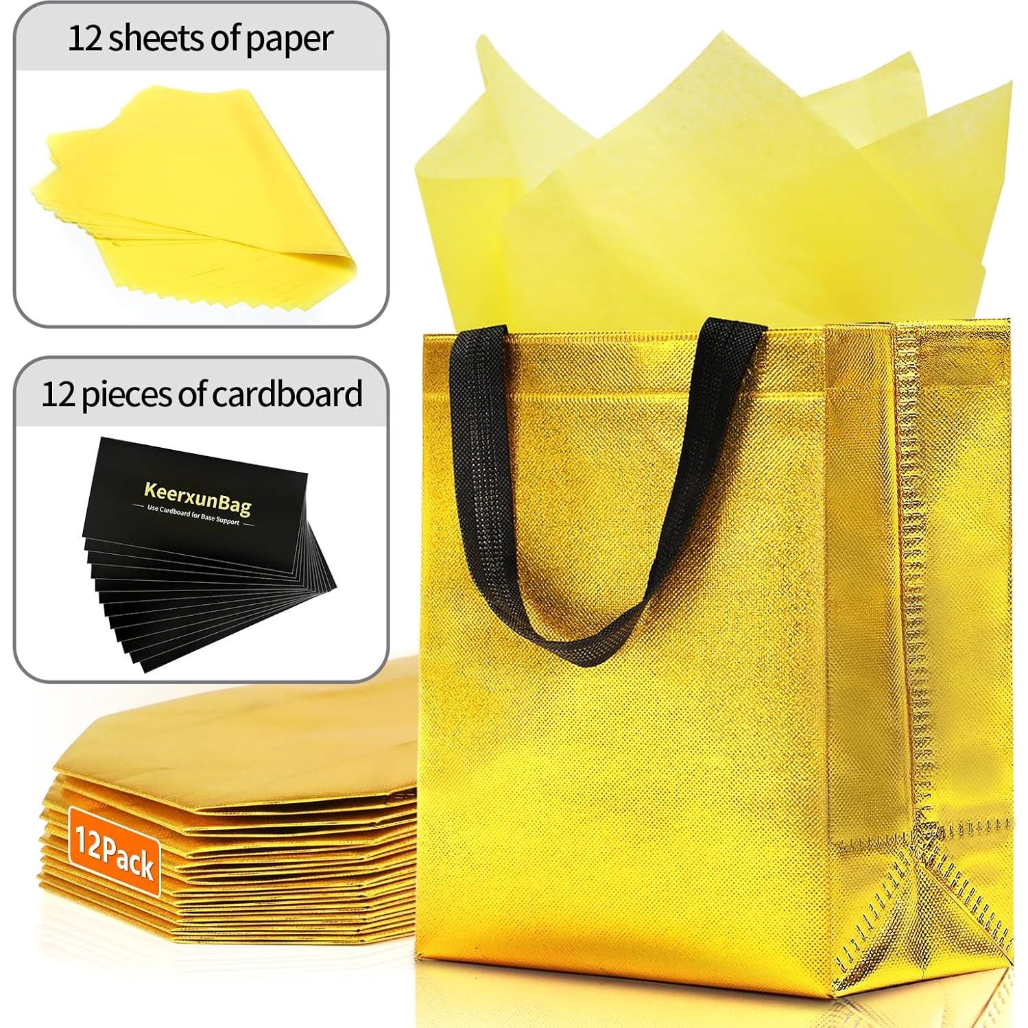 Keerxun 12 Bolsas de Regalo Reutilizables Doradas 25.4x10.2x20.3cm