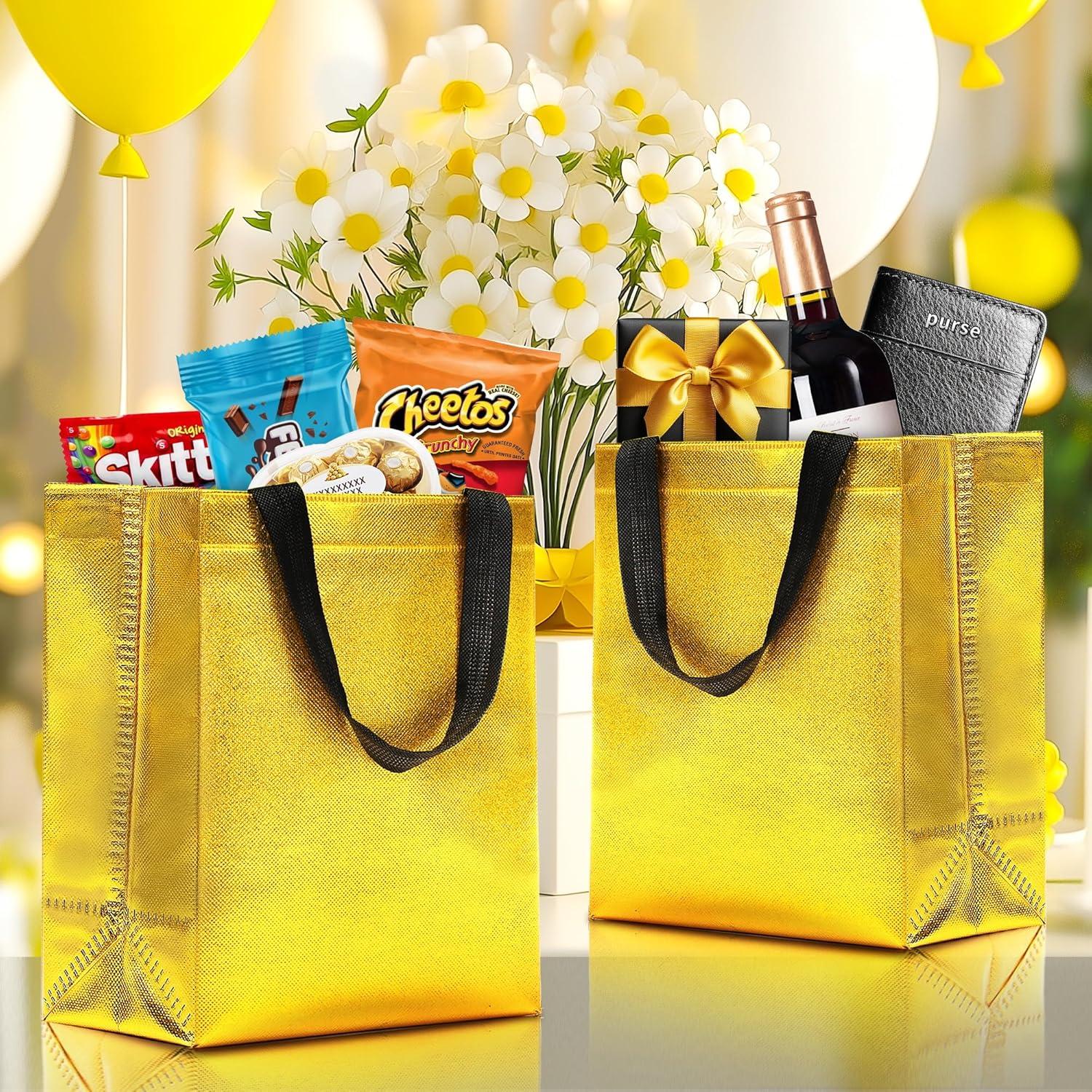 Keerxun 12 Bolsas de Regalo Reutilizables Doradas 25.4x10.2x20.3cm