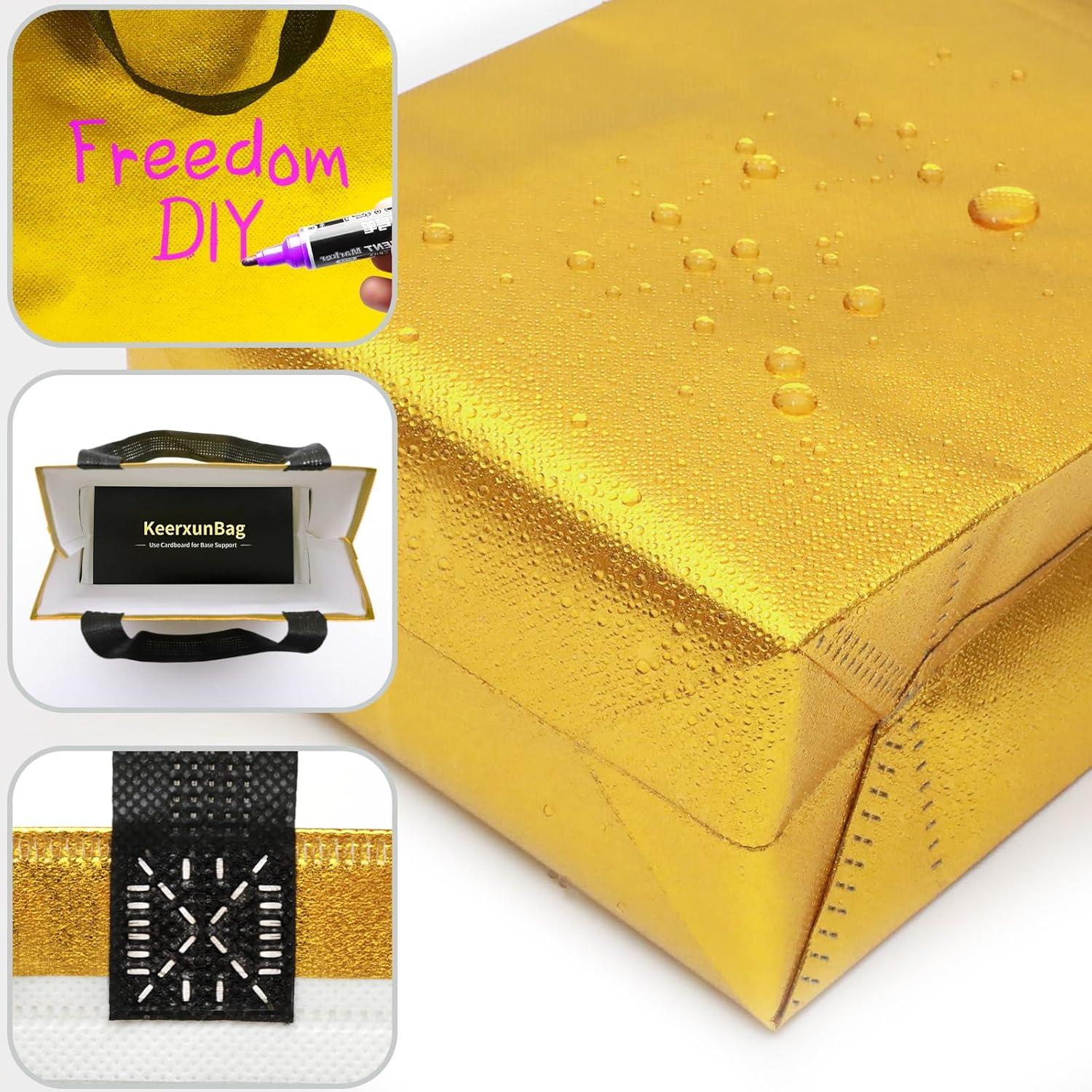 Keerxun 12 Bolsas de Regalo Reutilizables Doradas 25.4x10.2x20.3cm