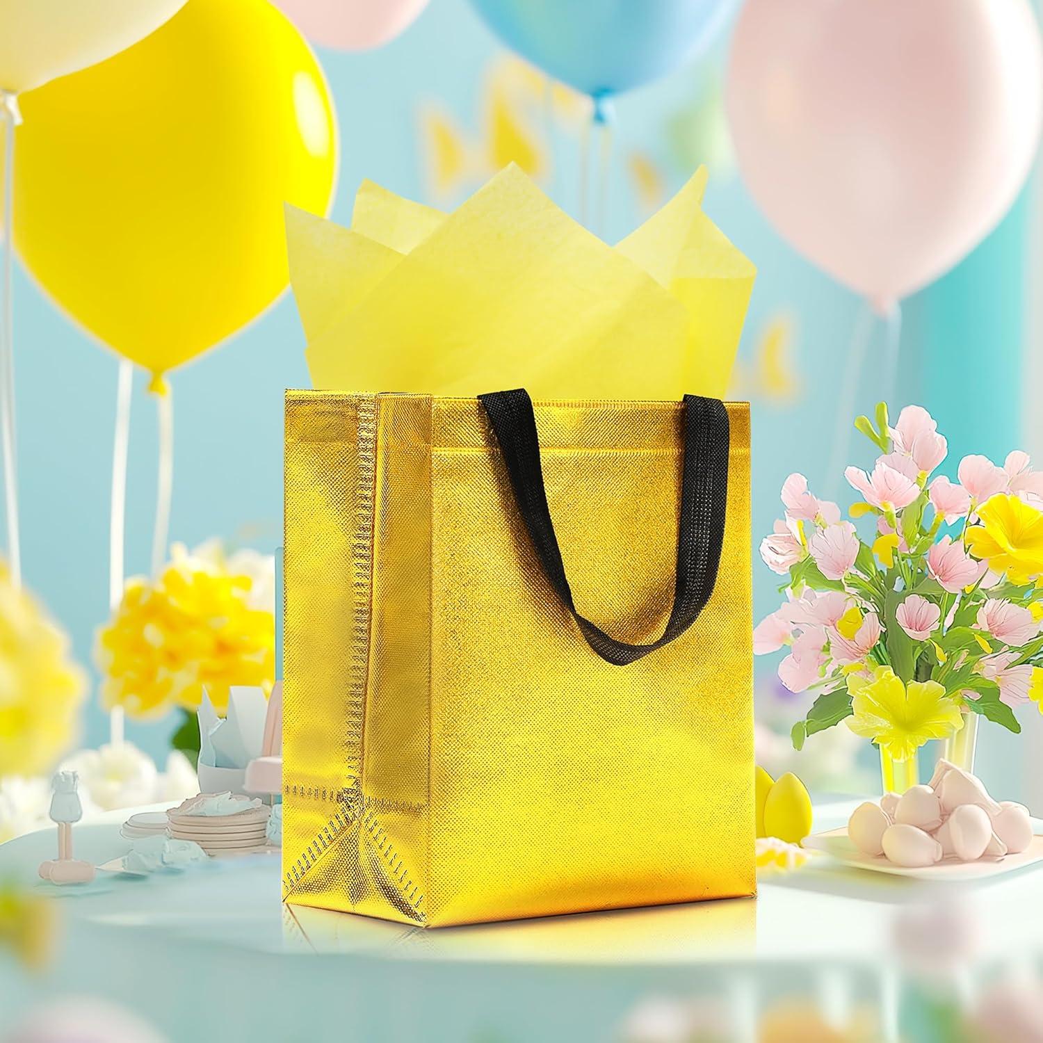 Keerxun 12 Bolsas de Regalo Reutilizables Doradas 25.4x10.2x20.3cm