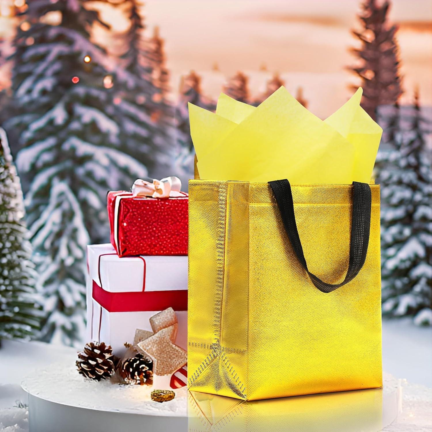 Keerxun 12 Bolsas de Regalo Reutilizables Doradas 25.4x10.2x20.3cm