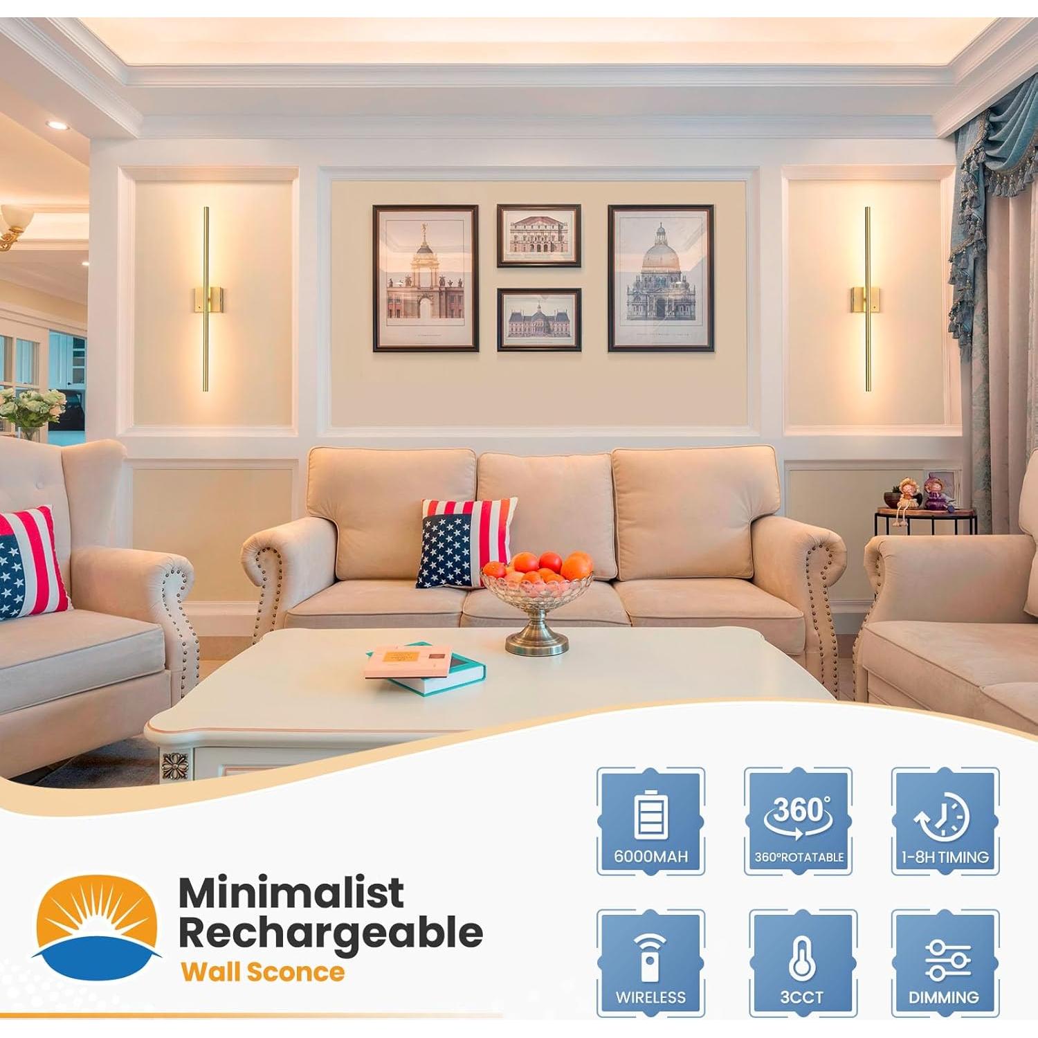 Aplique de Pared Inalámbrico NIORSUN 71 cm Dorado 2 Piezas