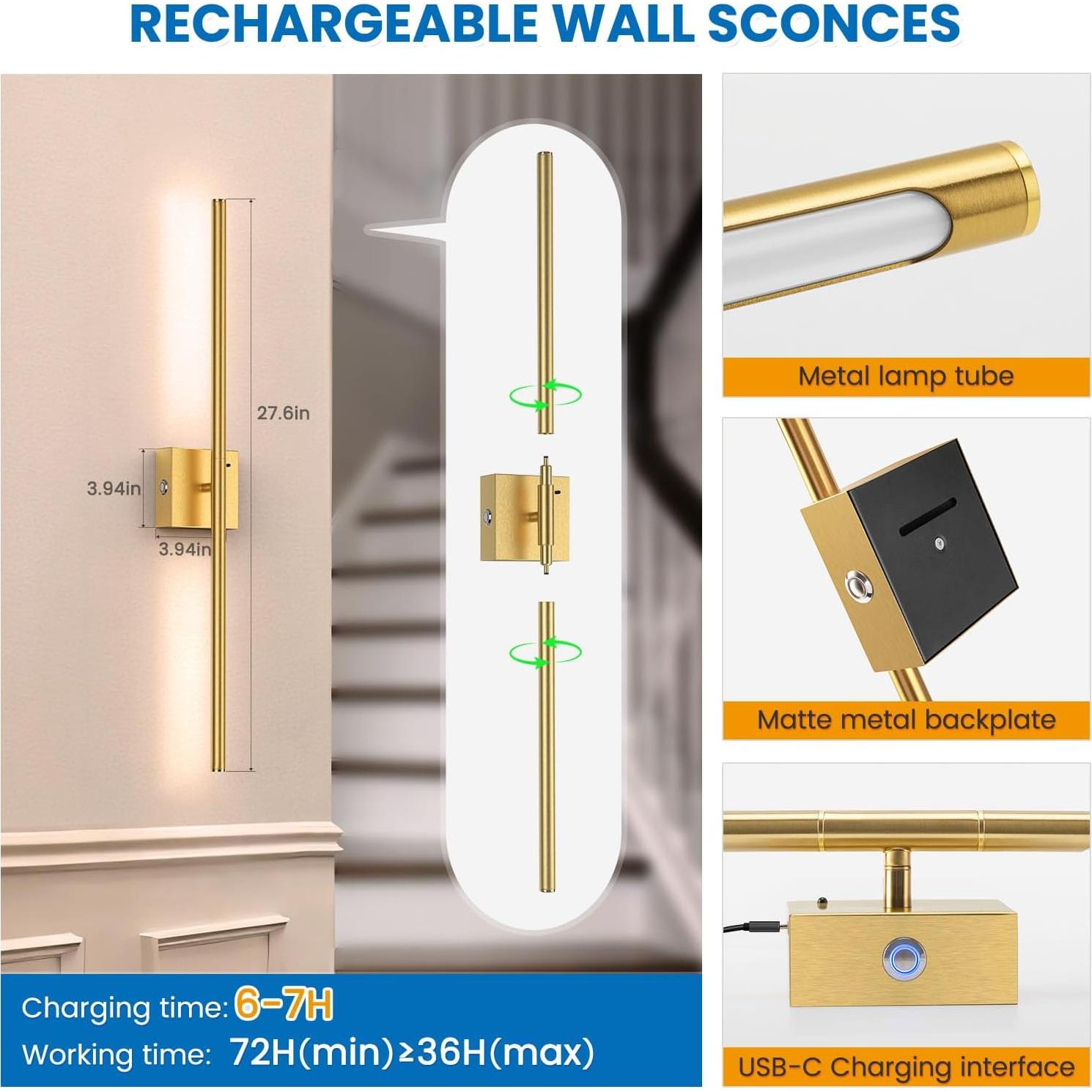 Aplique de Pared Inalámbrico NIORSUN 71 cm Dorado 2 Piezas