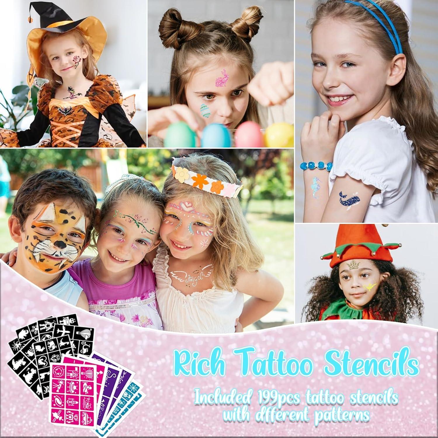 Kit de Tatuajes de Brillo TEUVO 50 Colores 199 Plantillas