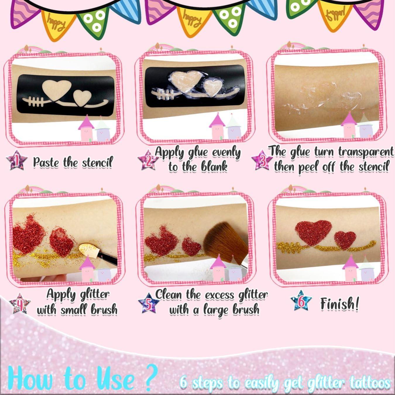 Kit de Tatuajes de Brillo TEUVO 50 Colores 199 Plantillas