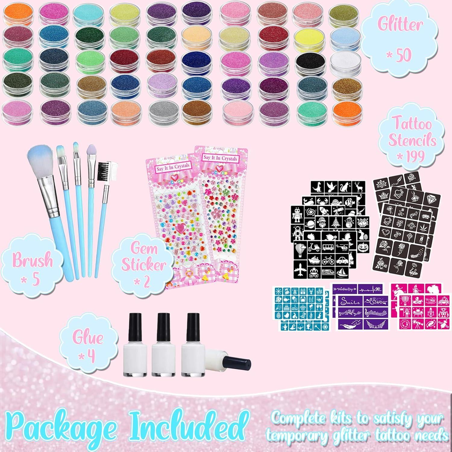 Kit de Tatuajes de Brillo TEUVO 50 Colores 199 Plantillas