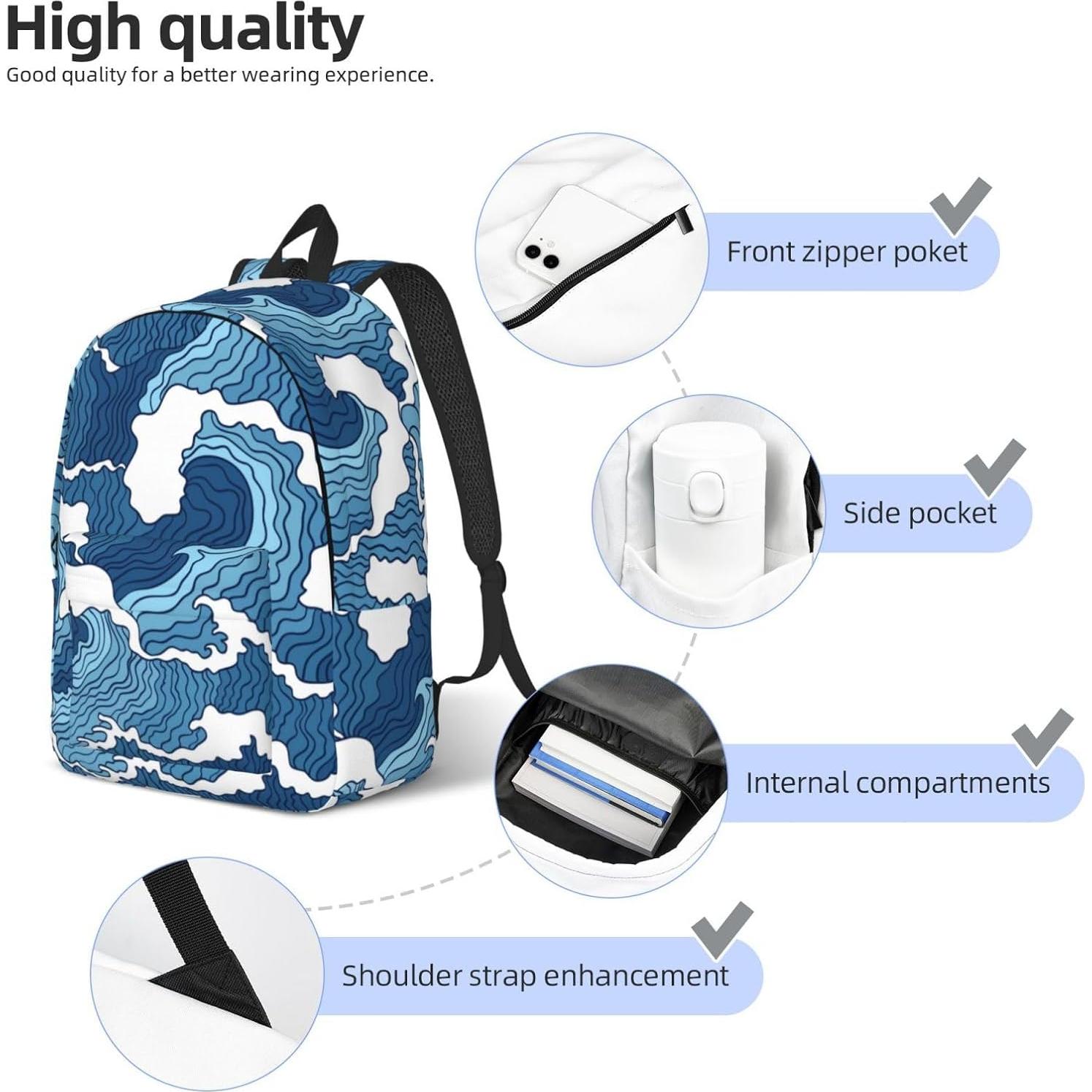 Mochila de Lona Ligera GVGOAGL 15" Olas Azules y Blancas