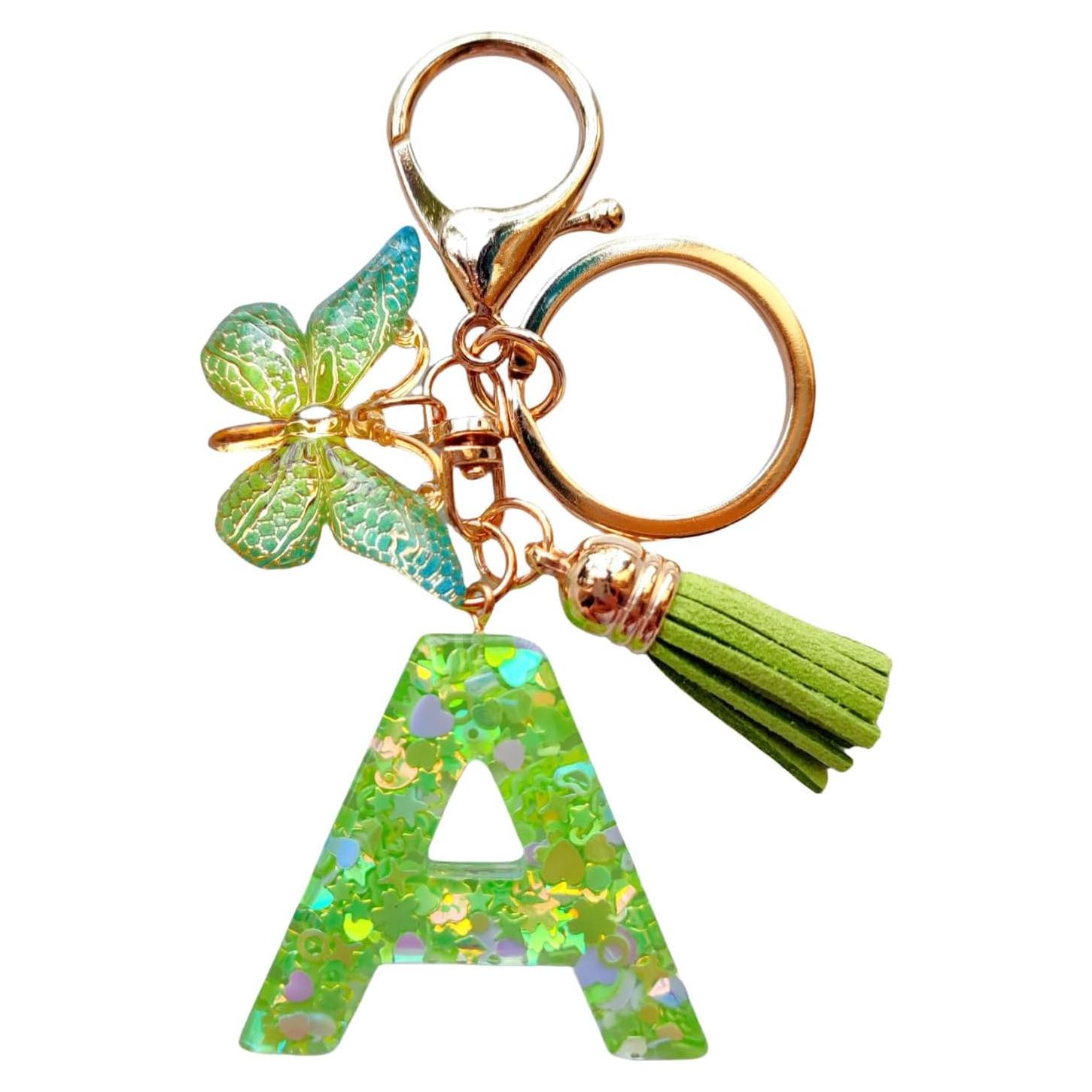 Llavero Inicial Personalizado con Borlas Mariposa Rosa Verde