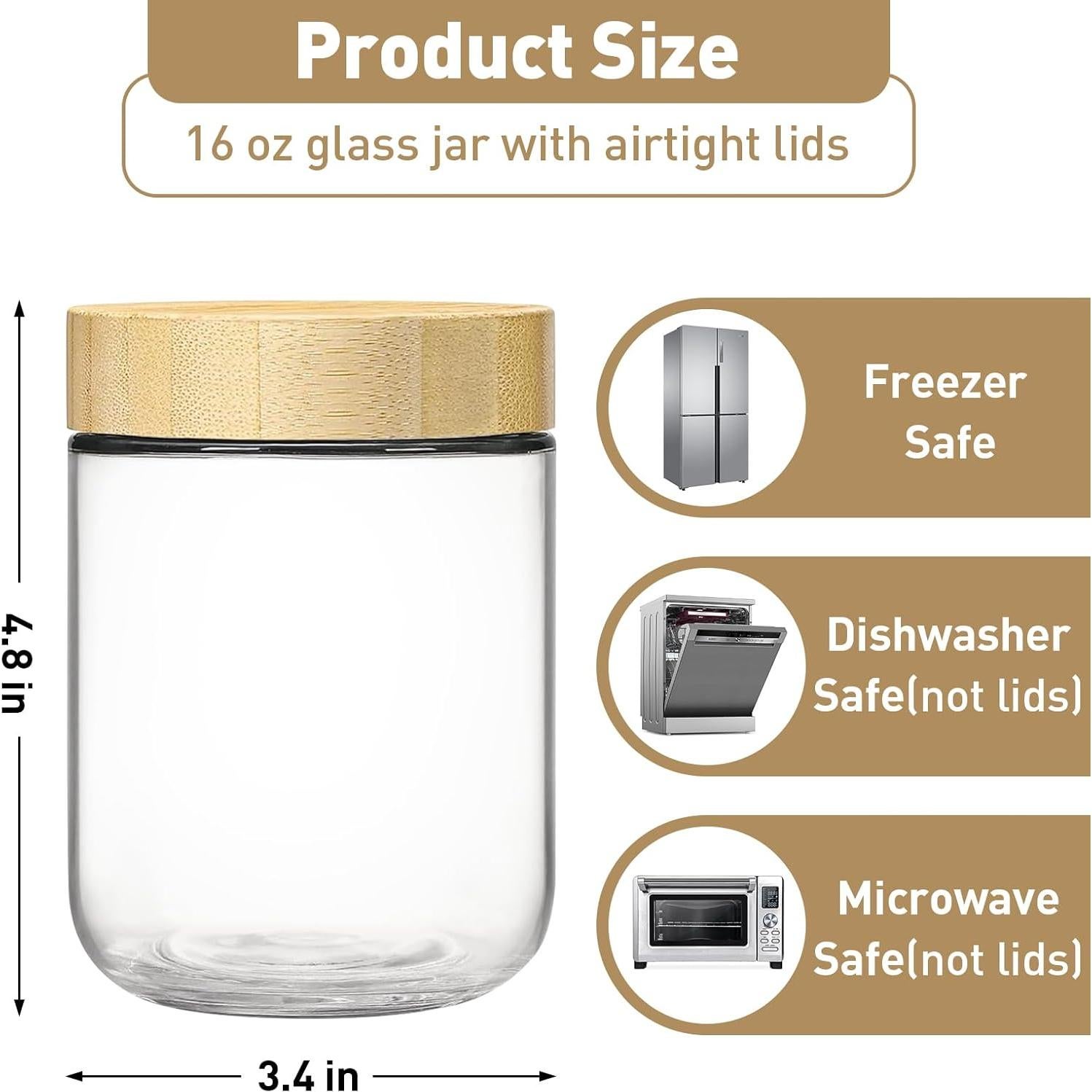 Tarros de Vidrio Herméticos 16 oz con Tapa de Bambú - 6 Pack