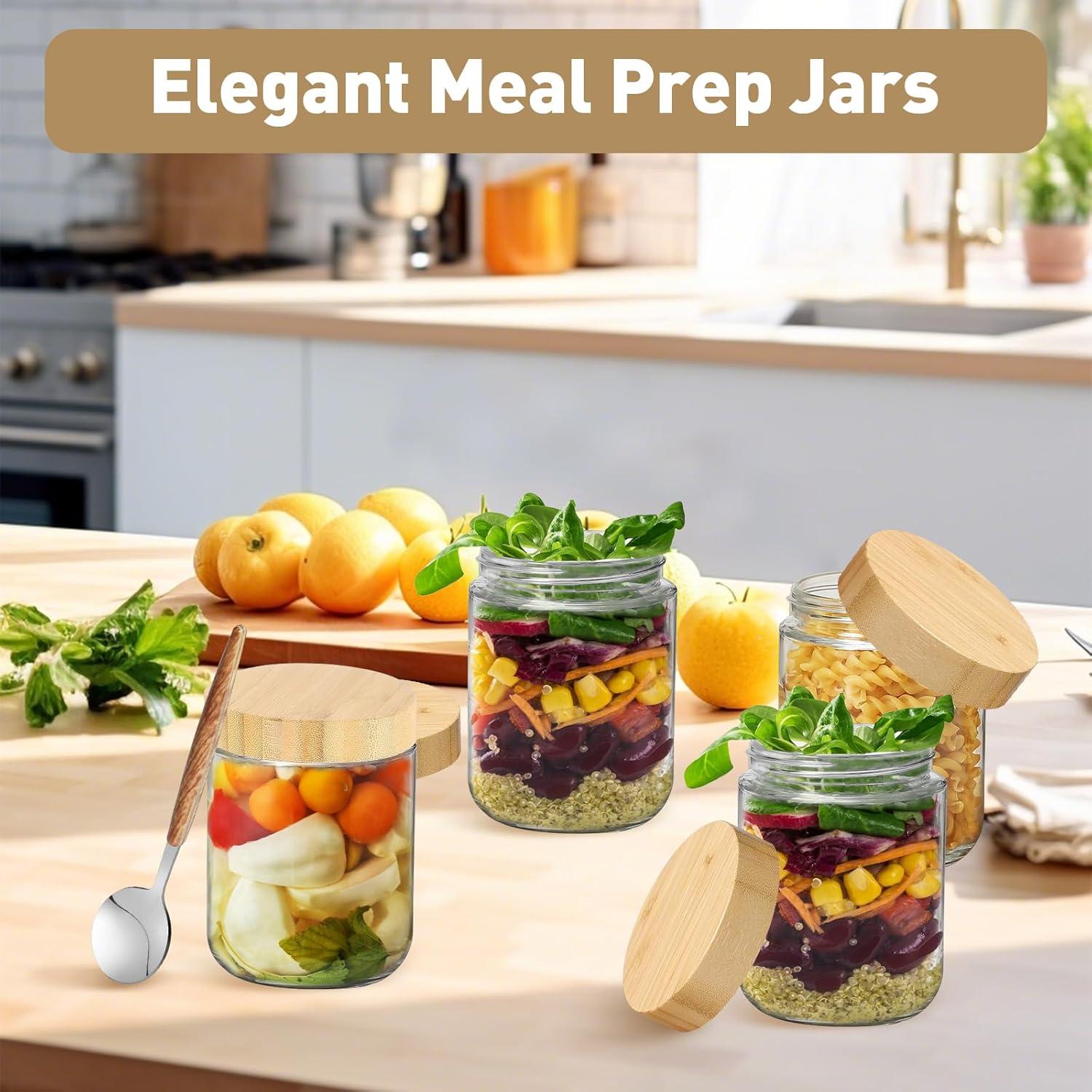 Tarros de Vidrio Herméticos 16 oz con Tapa de Bambú - 6 Pack