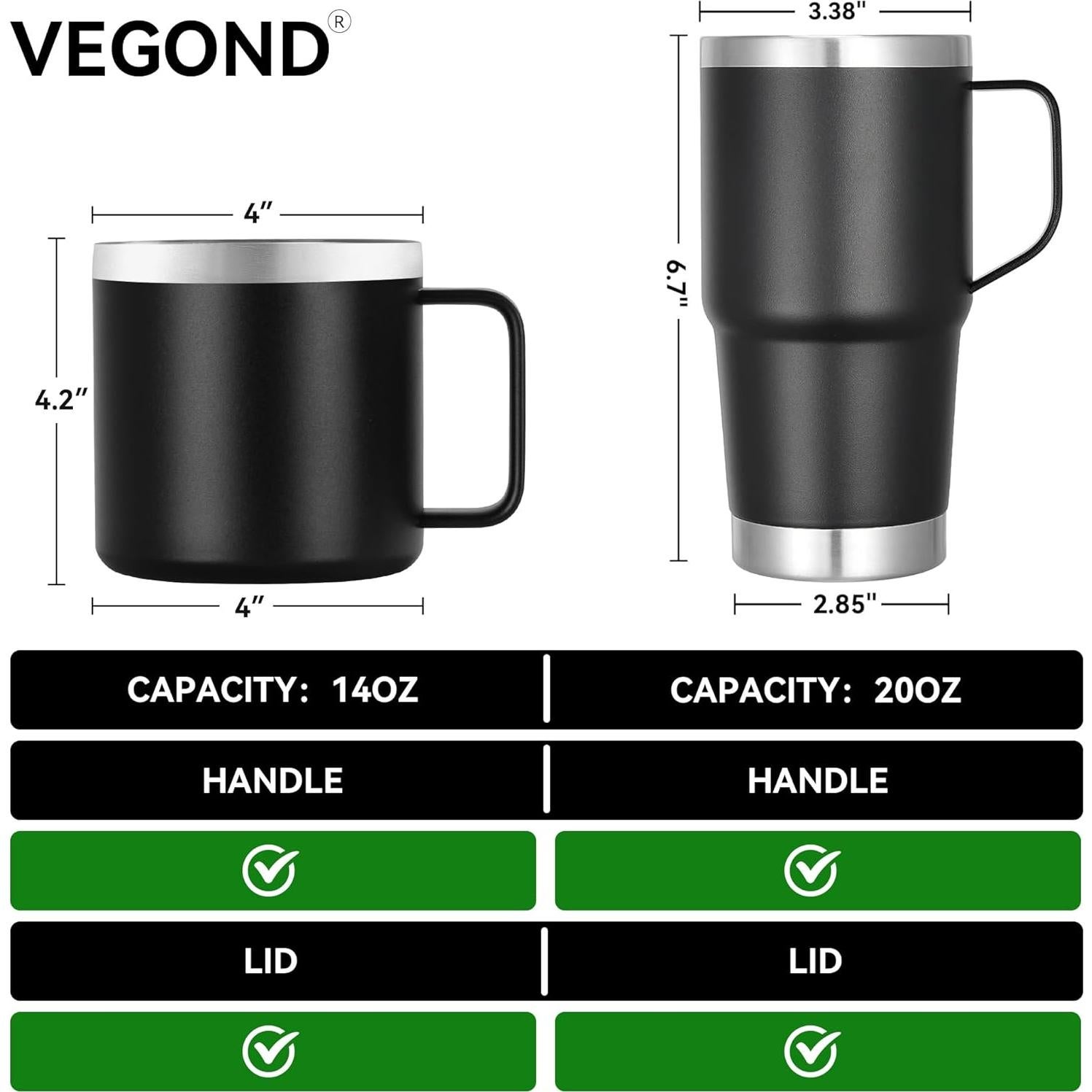 Taza de Café Aislada VEGOND 414 ml Acero Inoxidable Negra