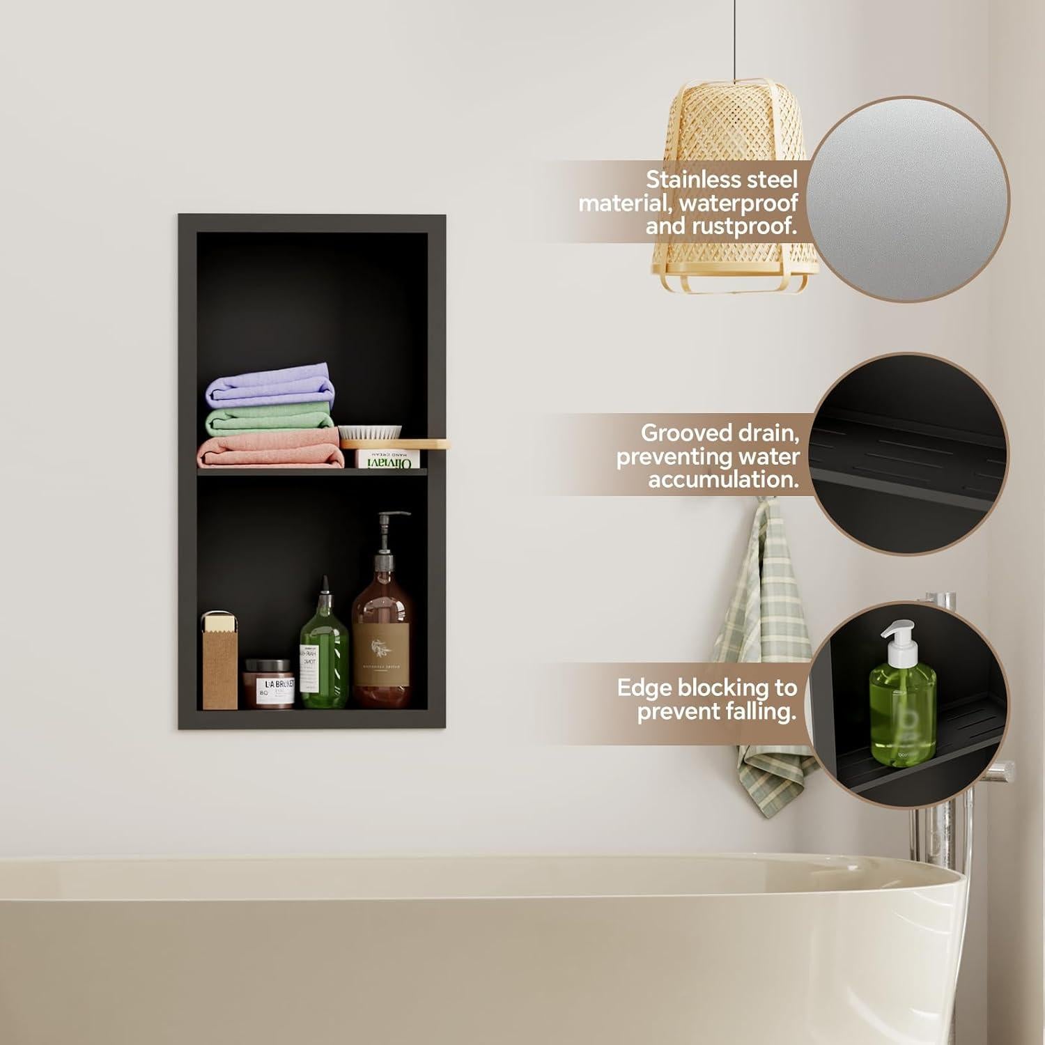 Nicho de Ducha Empotrado Oenalw 60.96x30.48cm Negro Acero Inoxidable