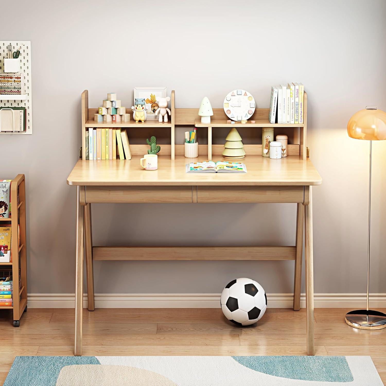 Escritorio y Silla BALANBO de Madera de Caucho con Estantería