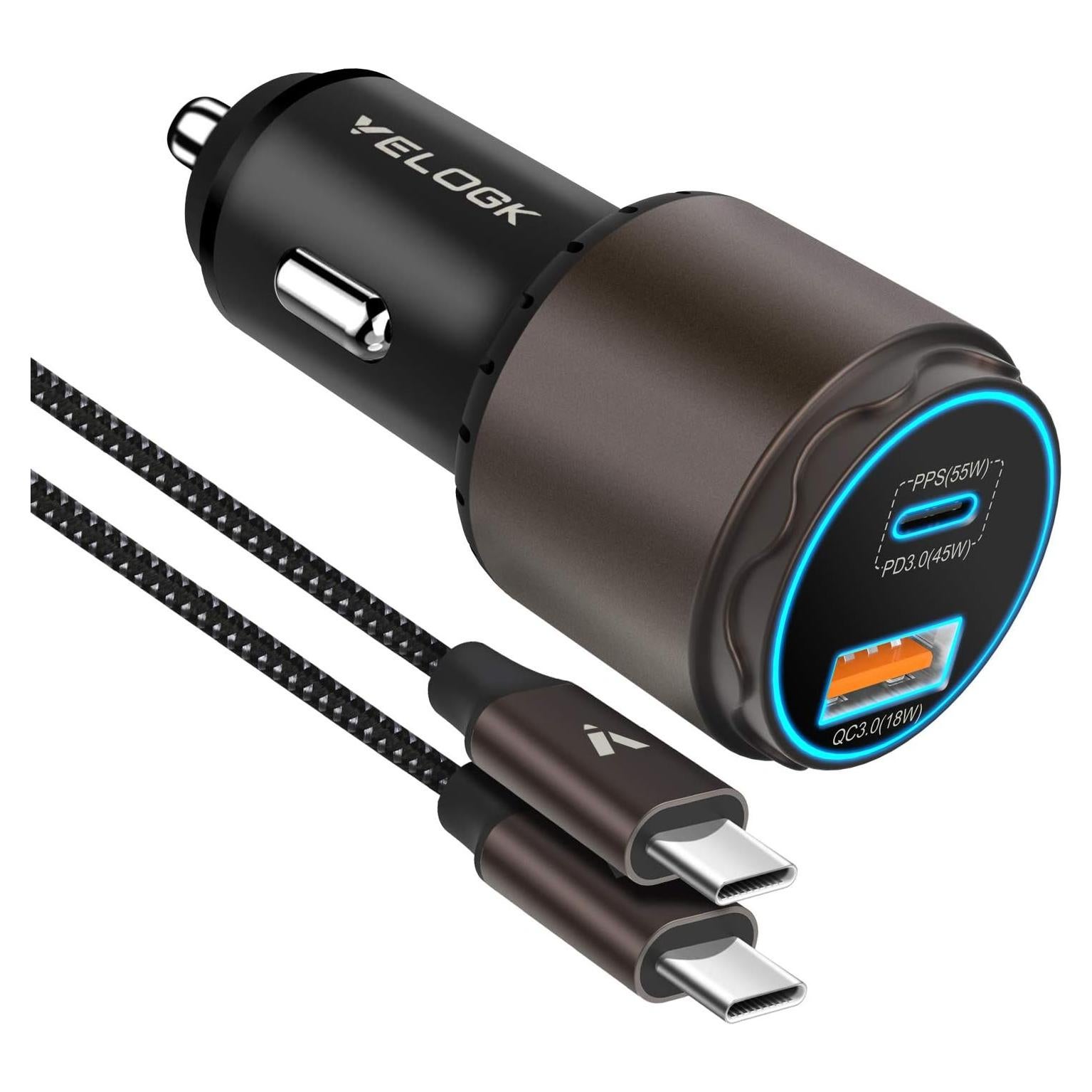 VELOGK Super Fast Type C Car Charger [73W Turbo], Fast Adaptive 55W 45W PPS/PD&QC3.0 USB C Car Adapter[Super Fast Charging 2.0] for Samsung S25 Ultra/S24 Ultra/S23 Ultra/S22+/S21/S20,iPad Pro,MacBook