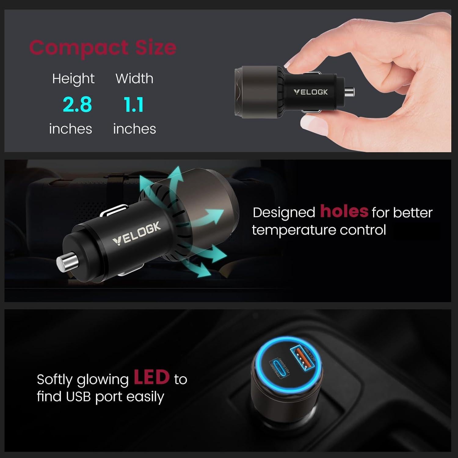 VELOGK Super Fast Type C Car Charger [73W Turbo], Fast Adaptive 55W 45W PPS/PD&QC3.0 USB C Car Adapter[Super Fast Charging 2.0] for Samsung S25 Ultra/S24 Ultra/S23 Ultra/S22+/S21/S20,iPad Pro,MacBook