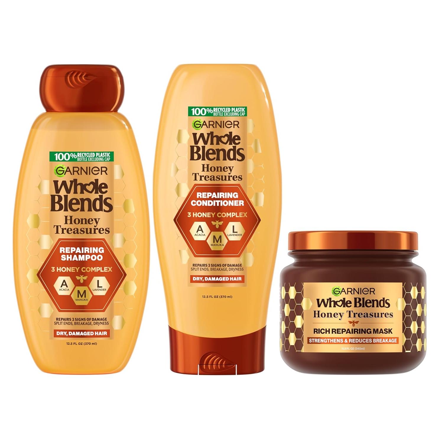 Set Garnier Whole Blends Tesoro de Miel - Champú, Acondicionador y Mascarilla para Cabello Seco y Dañado