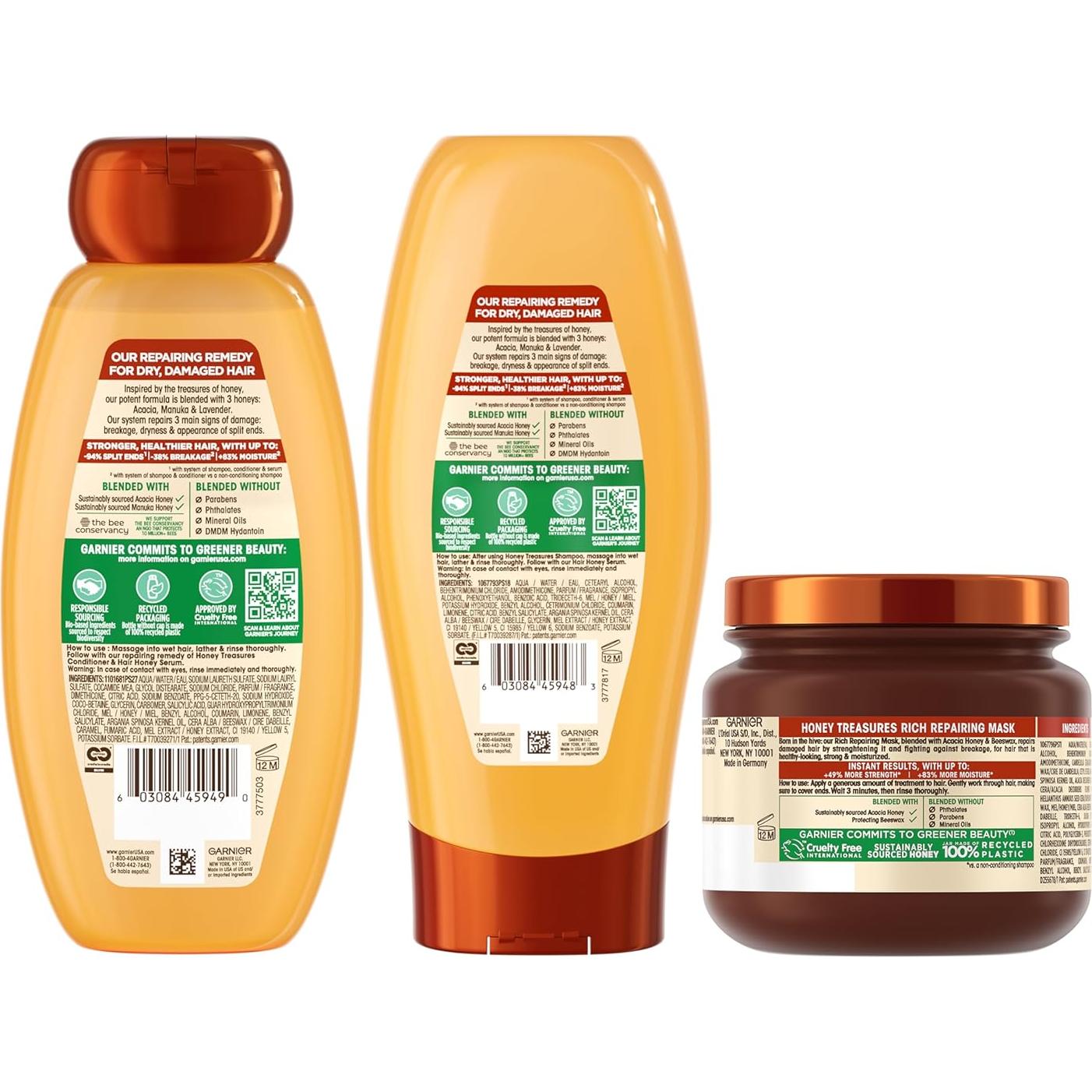 Set Garnier Whole Blends Tesoro de Miel - Champú, Acondicionador y Mascarilla para Cabello Seco y Dañado