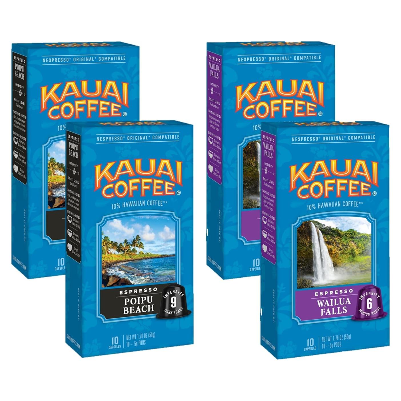 Kauai Coffee Espresso Pods Compatible with Nespresso Original Coffee Makers – 10% Hawaiian Arabica Coffee – Medium & Dark Roast Variety Pack – Poipu Beach and Wailua Falls, 4 Packs of 10 Espresso Pods