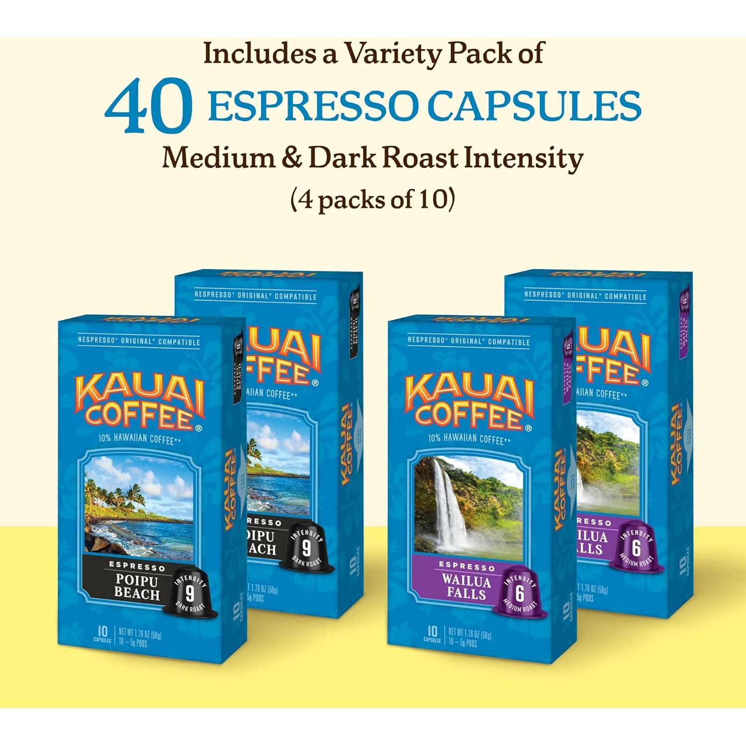 Kauai Coffee Espresso Pods Compatible with Nespresso Original Coffee Makers – 10% Hawaiian Arabica Coffee – Medium & Dark Roast Variety Pack – Poipu Beach and Wailua Falls, 4 Packs of 10 Espresso Pods