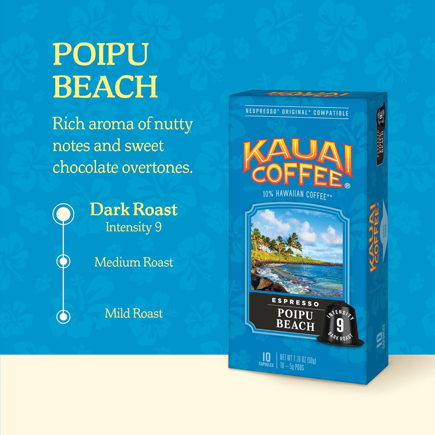 Kauai Coffee Espresso Pods Compatible with Nespresso Original Coffee Makers – 10% Hawaiian Arabica Coffee – Medium & Dark Roast Variety Pack – Poipu Beach and Wailua Falls, 4 Packs of 10 Espresso Pods