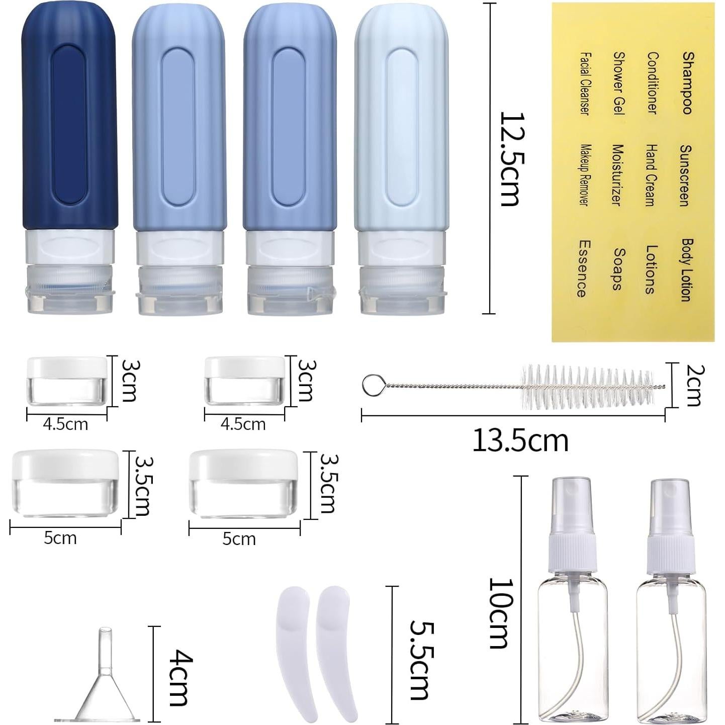 Juego de 16 Botellas de Viaje Silicona A prueba de Fugas Azul
