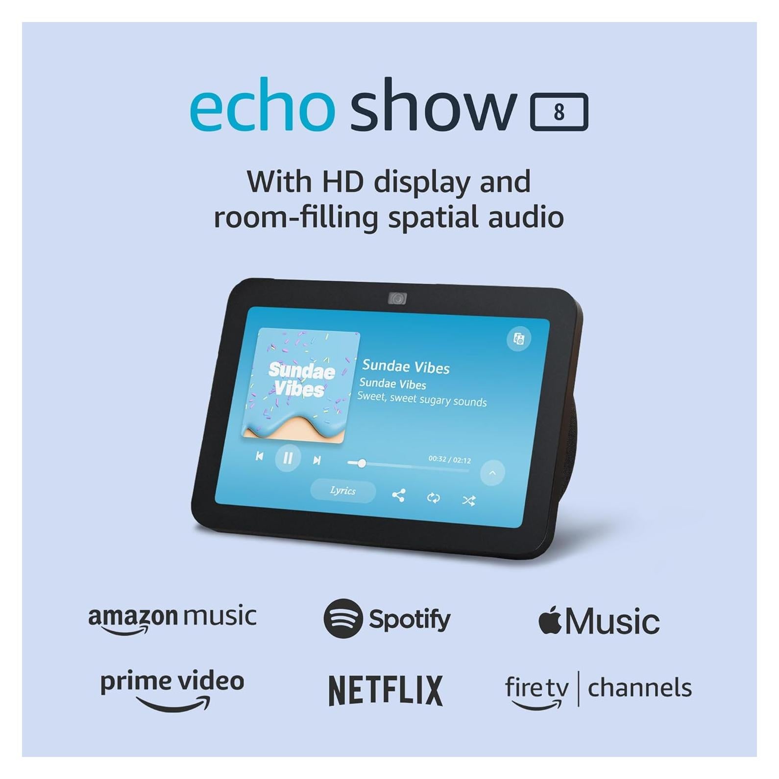 Like-New Amazon Echo Show 8, With Spatial Audio, Smart Home Hub, ideal for open living spaces, includes Alexa, Charcoal