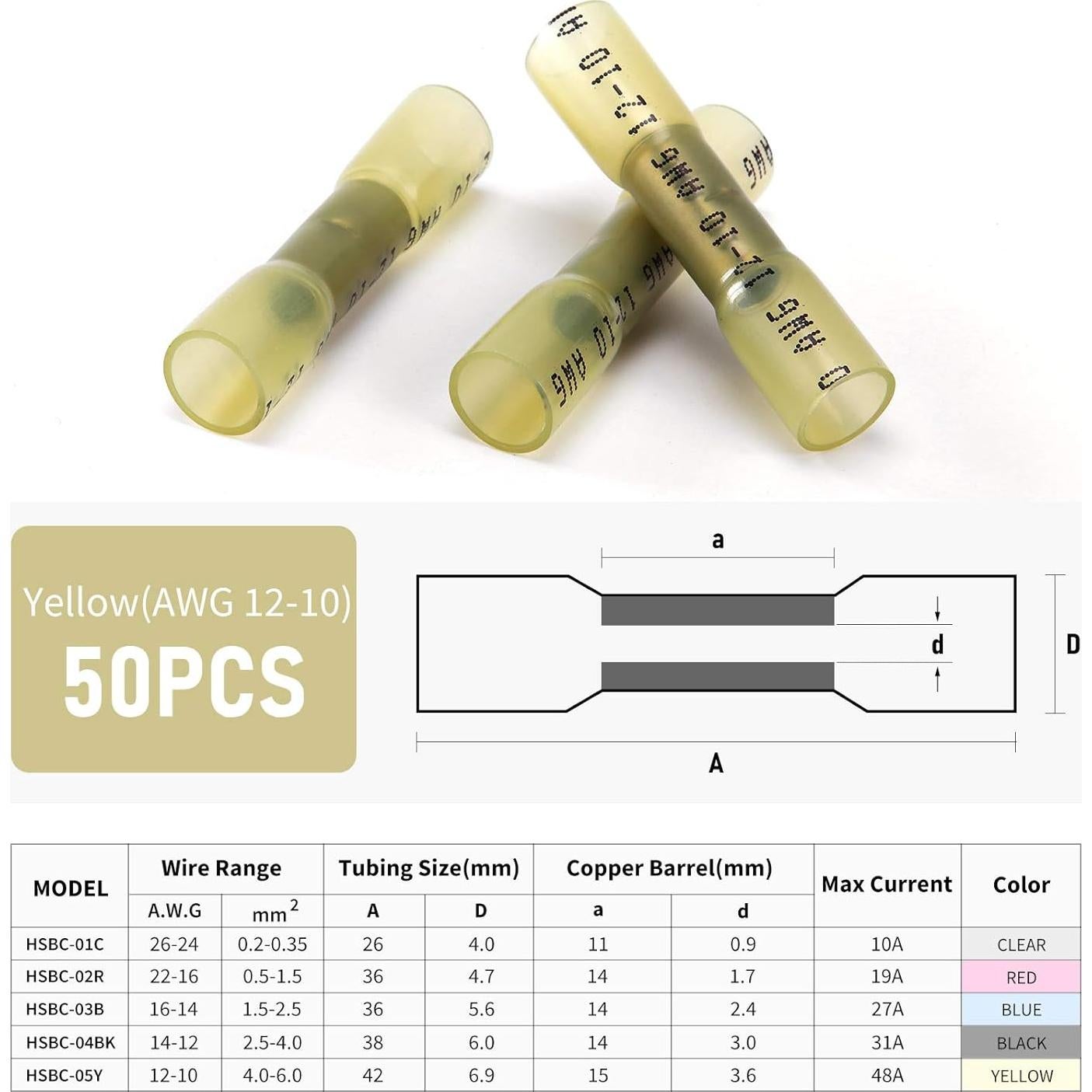 Conectores de Termorretracción Amarillo YYuan 50Pcs 12-10 AWG