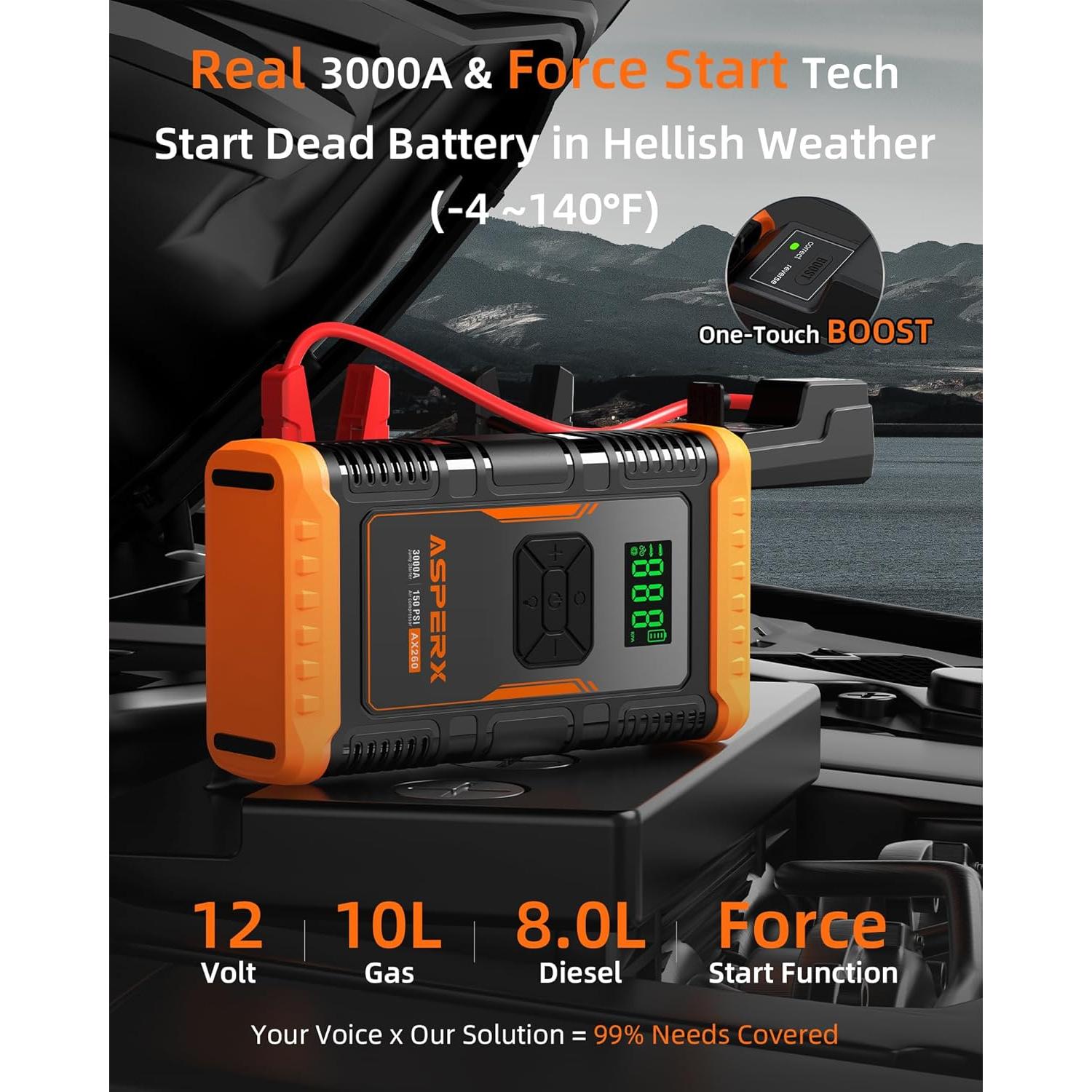 Arrancador de Salto AsperX AX260 con Compresor 3000A 12V