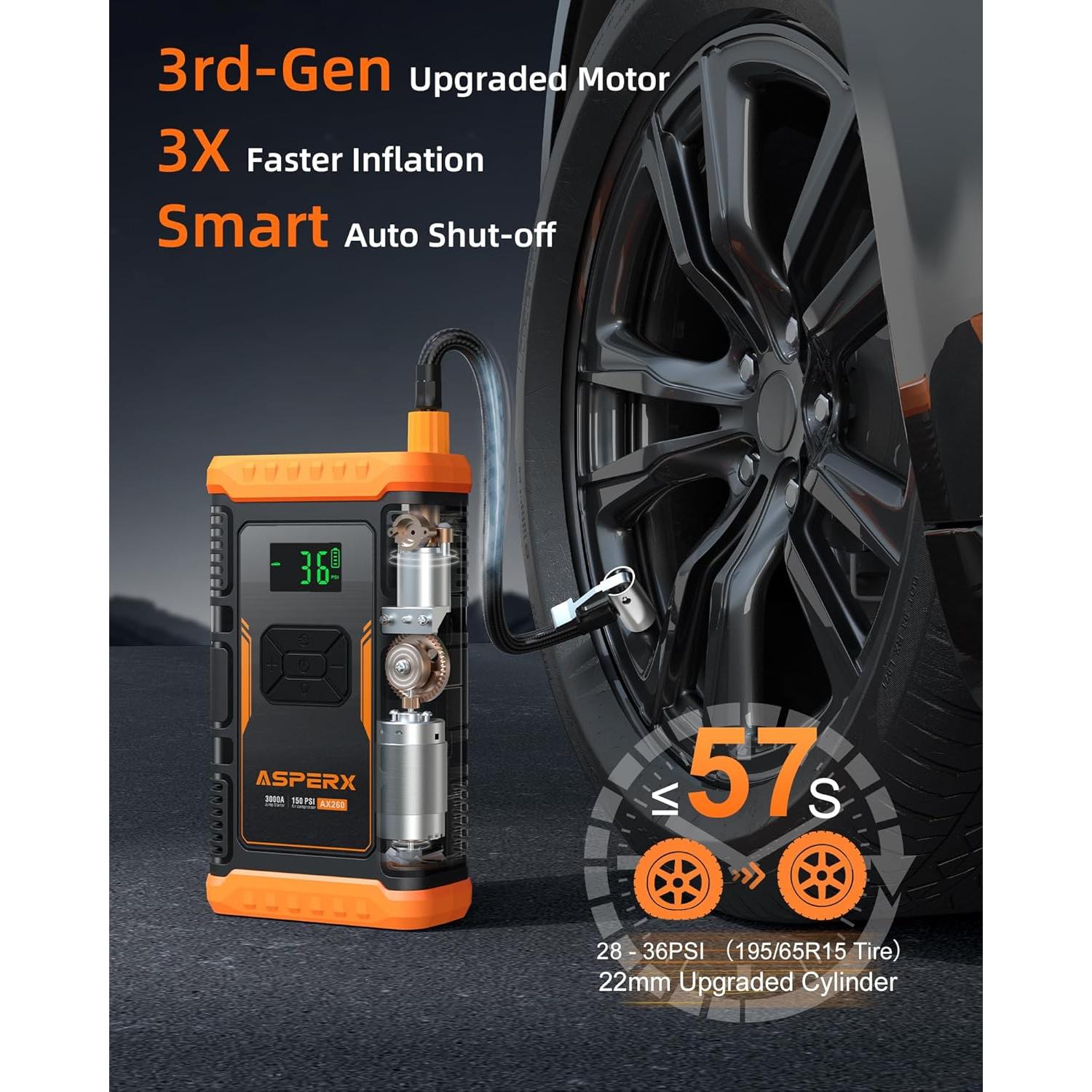 Arrancador de Salto AsperX AX260 con Compresor 3000A 12V