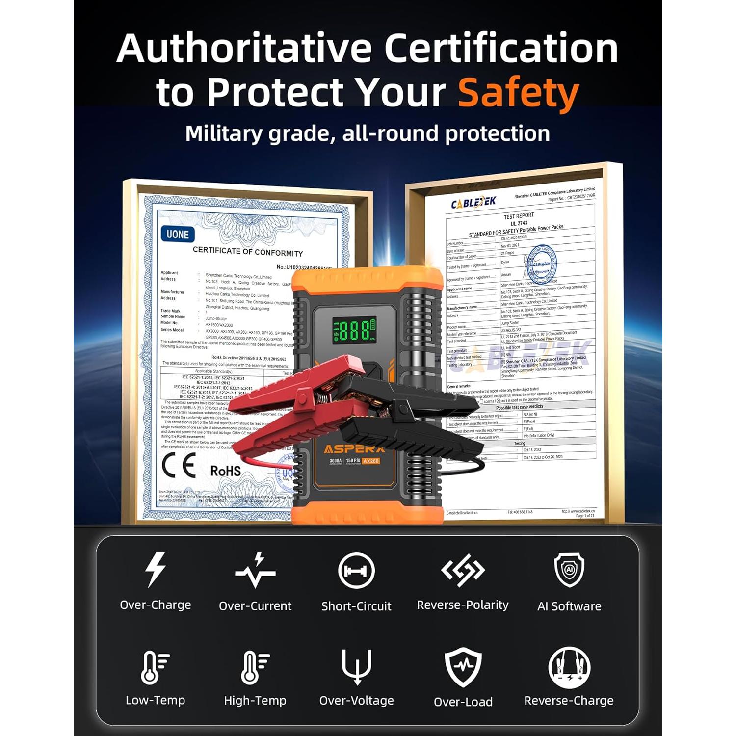 Arrancador de Salto AsperX AX260 con Compresor 3000A 12V