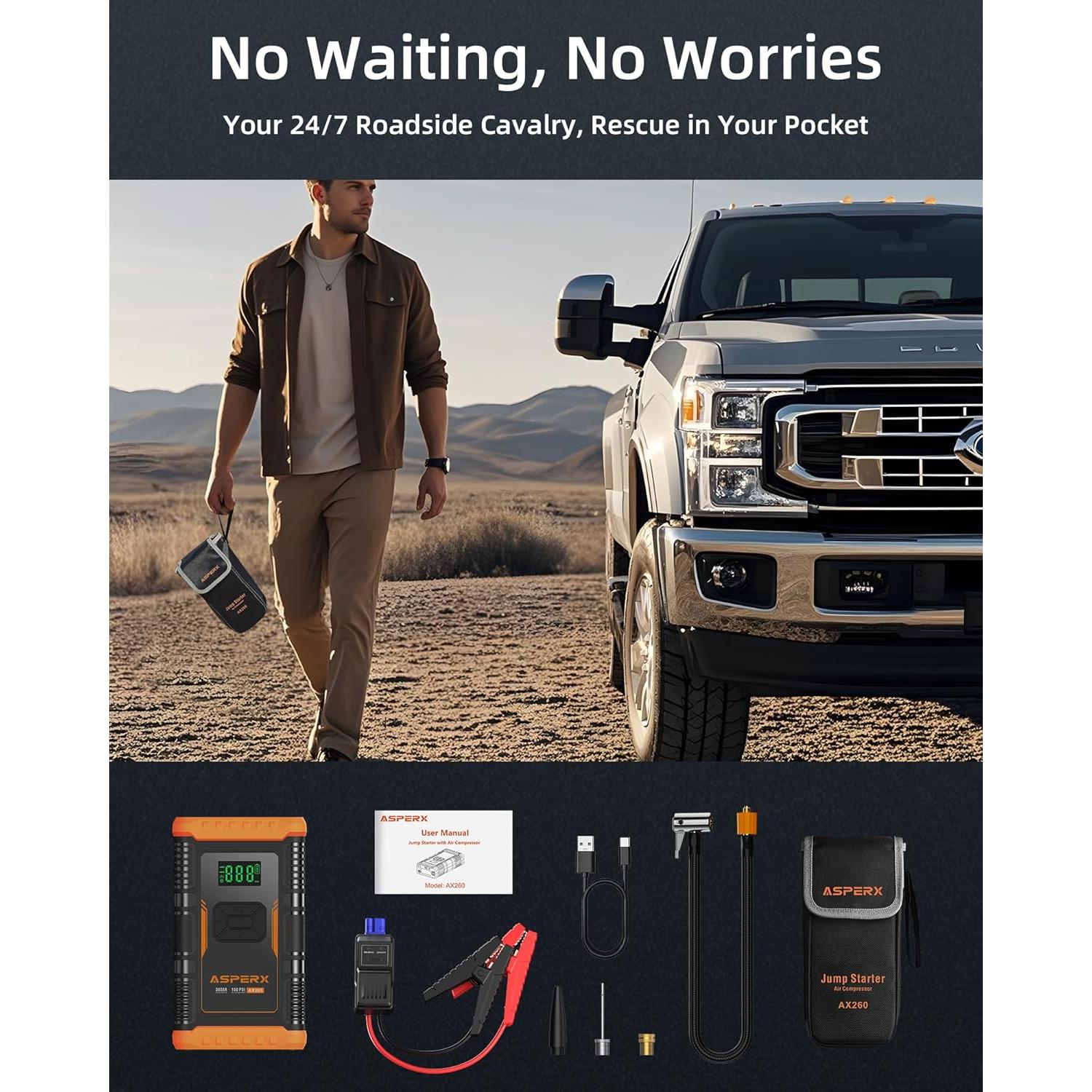 Arrancador de Salto AsperX AX260 con Compresor 3000A 12V