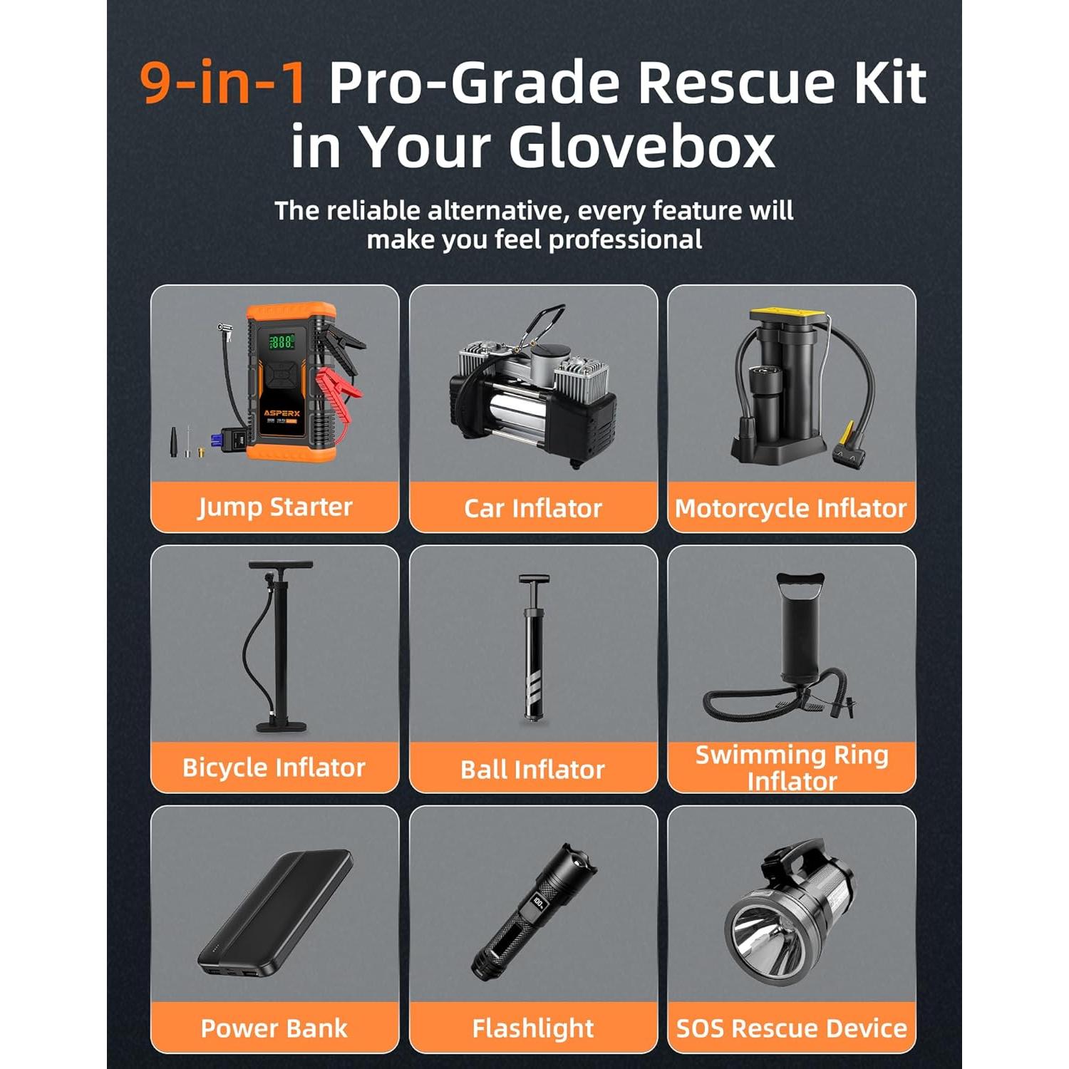 Arrancador de Salto AsperX AX260 con Compresor 3000A 12V