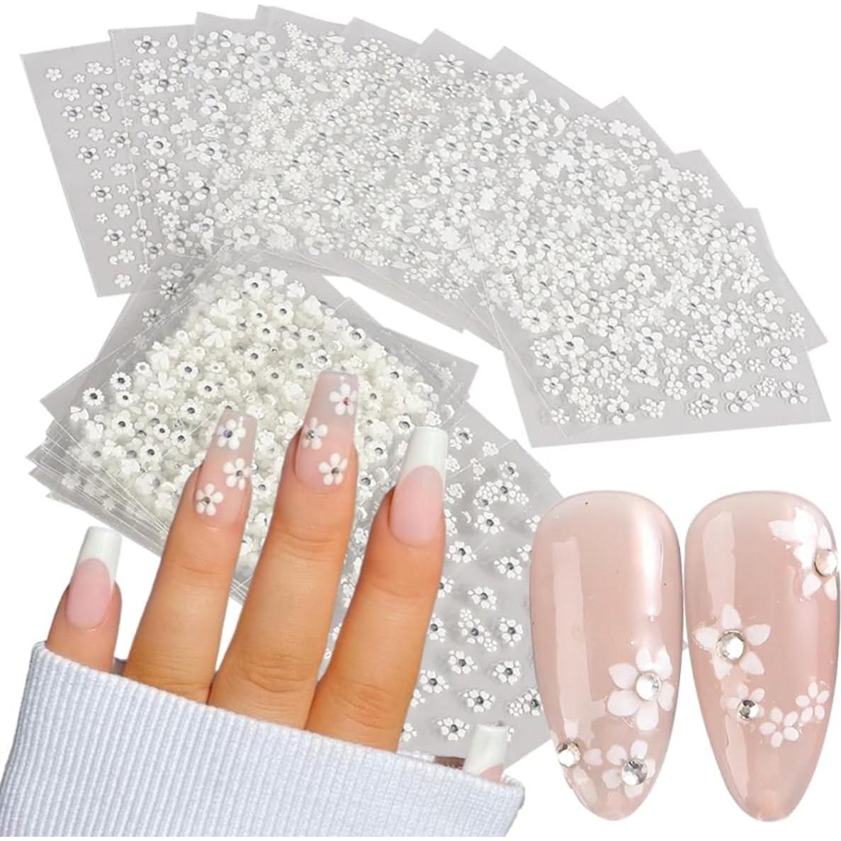 30 Hojas Calcomanías de Uñas 3D Flores Blancas NZRAESTRS