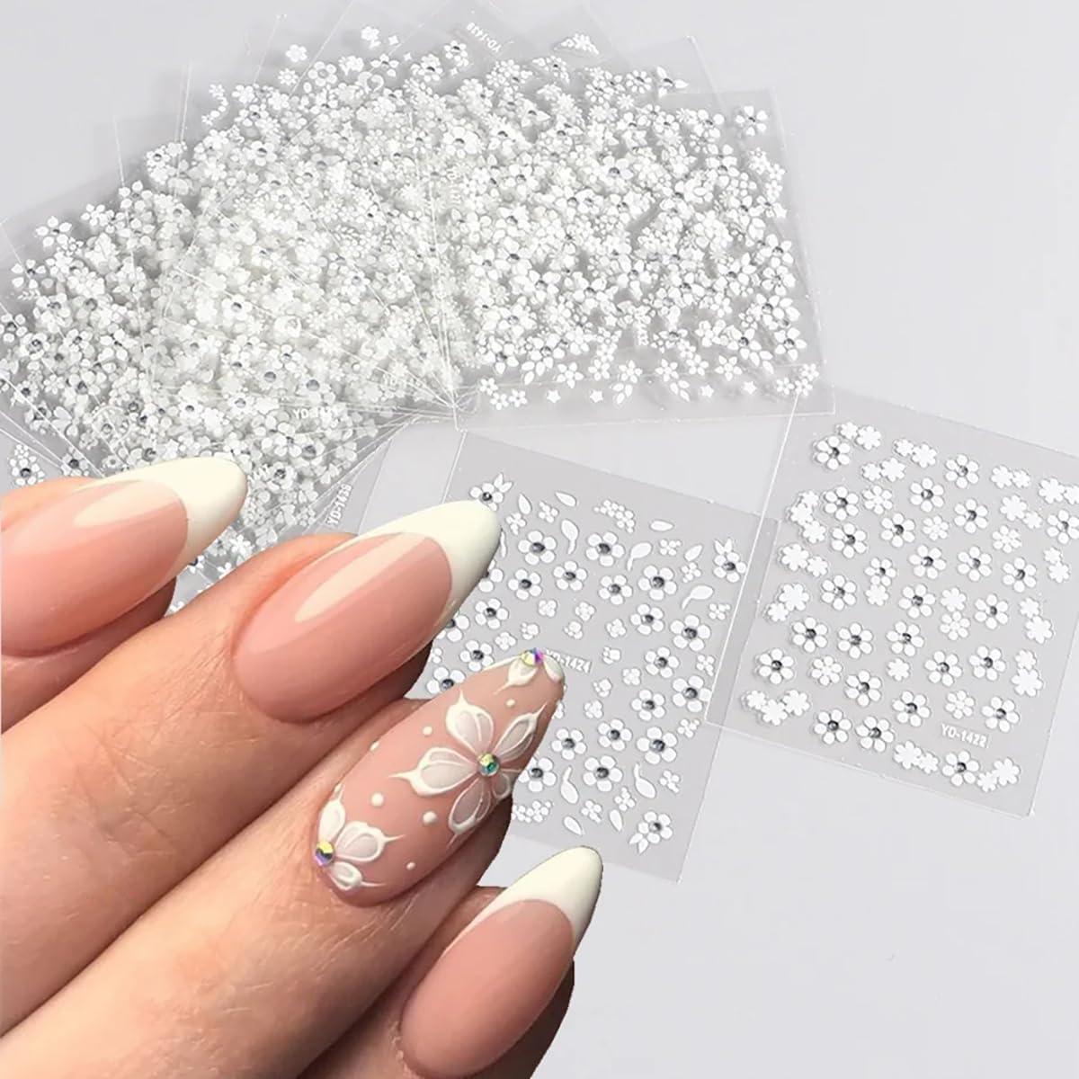 30 Hojas Calcomanías de Uñas 3D Flores Blancas NZRAESTRS