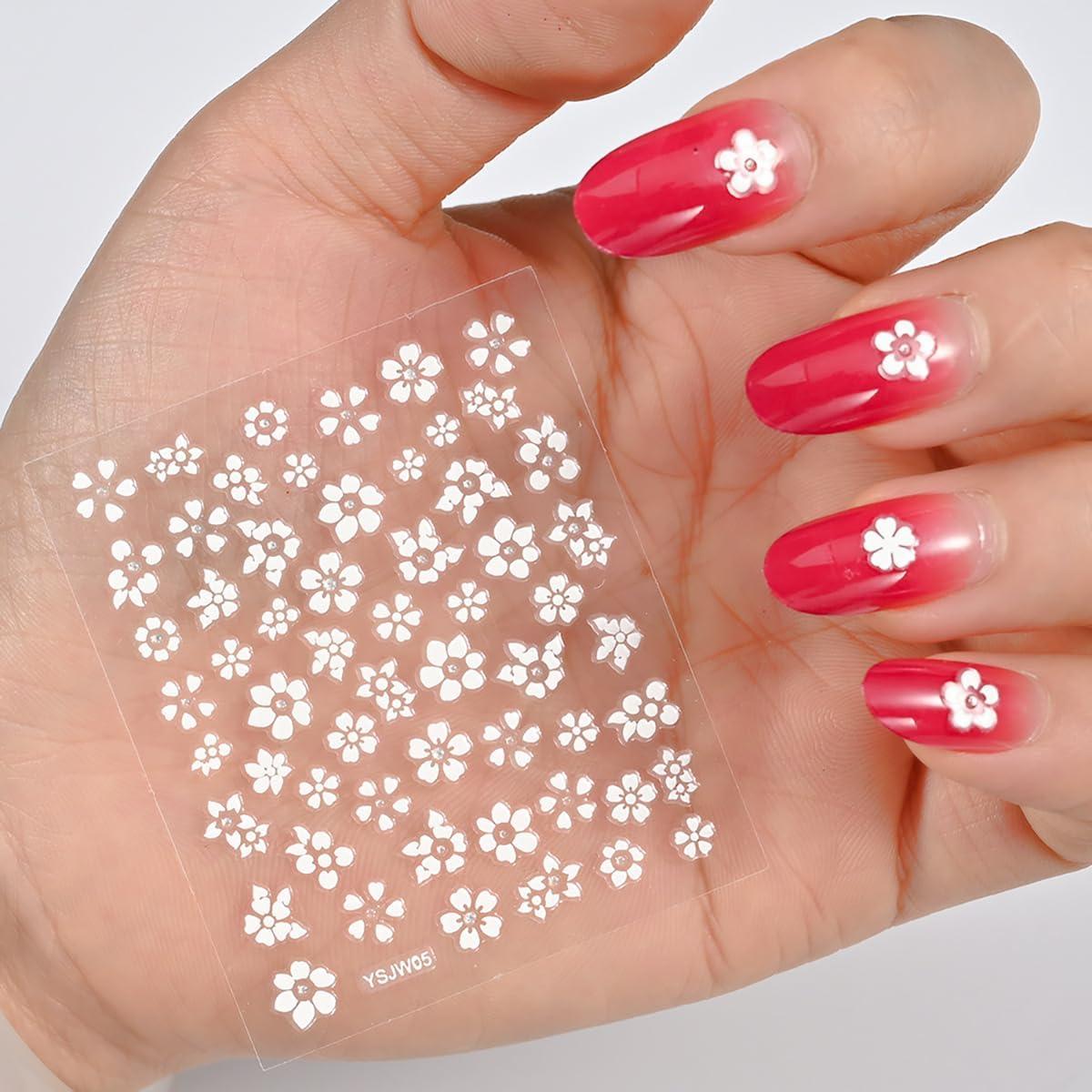 30 Hojas Calcomanías de Uñas 3D Flores Blancas NZRAESTRS