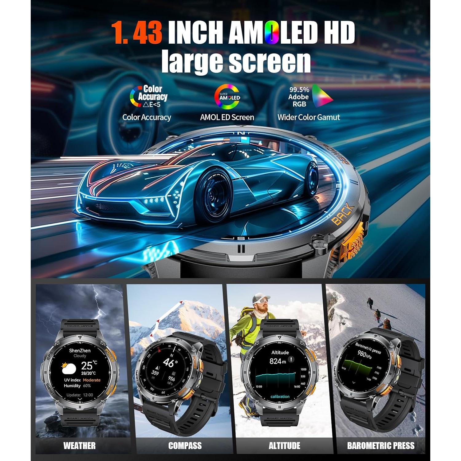 Reloj Inteligente Militar ESFOE DM4 GPS 1.43" AMOLED Negro
