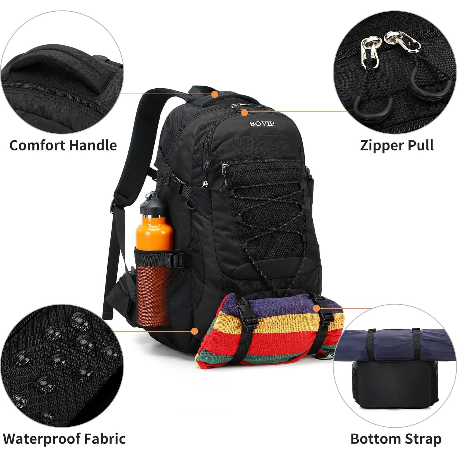 Mochila de Senderismo BOVIP 40L Impermeable Unisex Negra