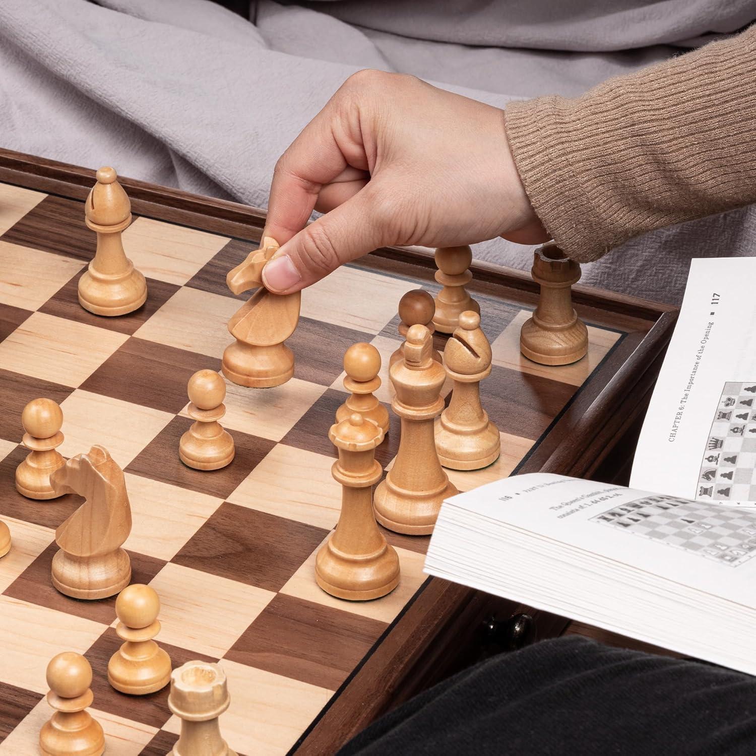 Juego de Ajedrez de Madera A&A 15" con Cajón y Piezas Pesadas