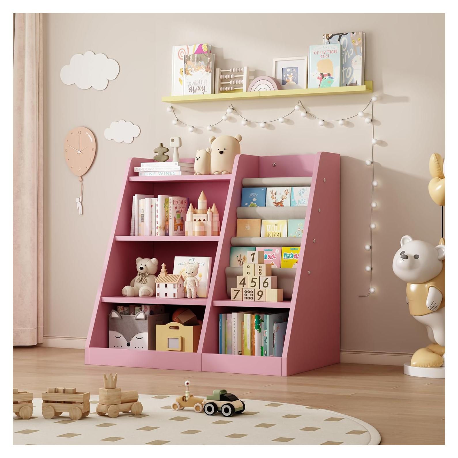 KEIKI 4-Tier Kids Bookshelf, Wooden Toy Storage Organizer Cabinet w/Adjustable Shelf, Montessori Kids Bookcase for Playroom Bedroom Nursery Hallway School, Pink