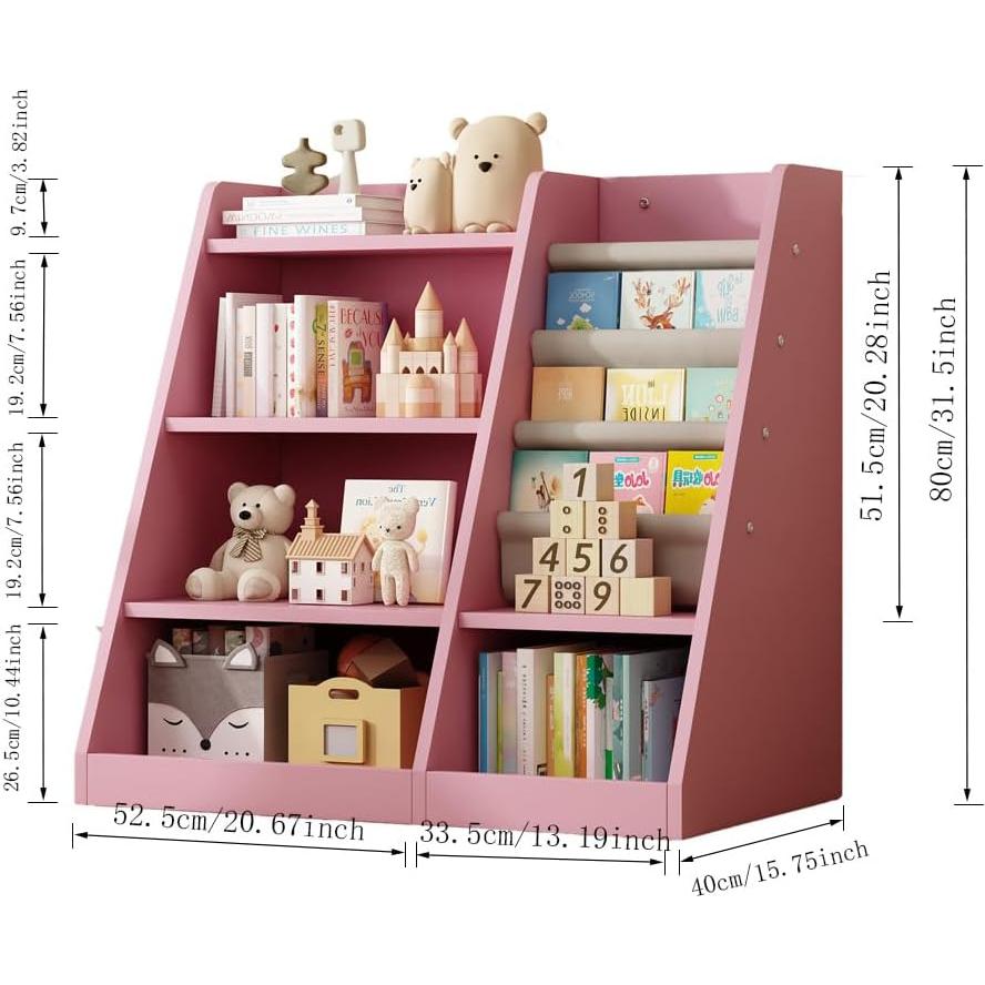 KEIKI 4-Tier Kids Bookshelf, Wooden Toy Storage Organizer Cabinet w/Adjustable Shelf, Montessori Kids Bookcase for Playroom Bedroom Nursery Hallway School, Pink