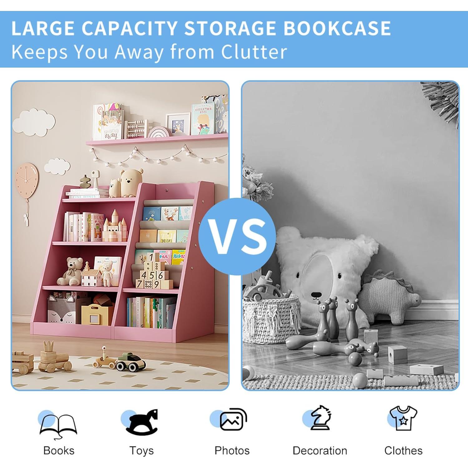 KEIKI 4-Tier Kids Bookshelf, Wooden Toy Storage Organizer Cabinet w/Adjustable Shelf, Montessori Kids Bookcase for Playroom Bedroom Nursery Hallway School, Pink