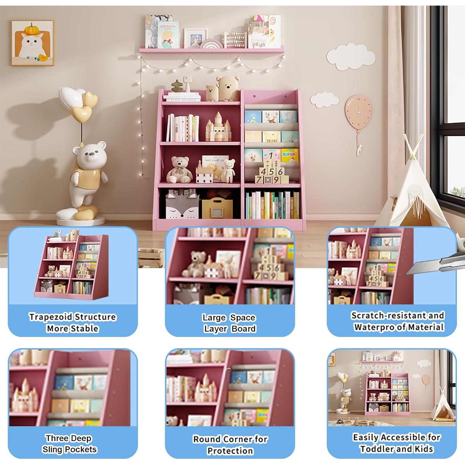 KEIKI 4-Tier Kids Bookshelf, Wooden Toy Storage Organizer Cabinet w/Adjustable Shelf, Montessori Kids Bookcase for Playroom Bedroom Nursery Hallway School, Pink