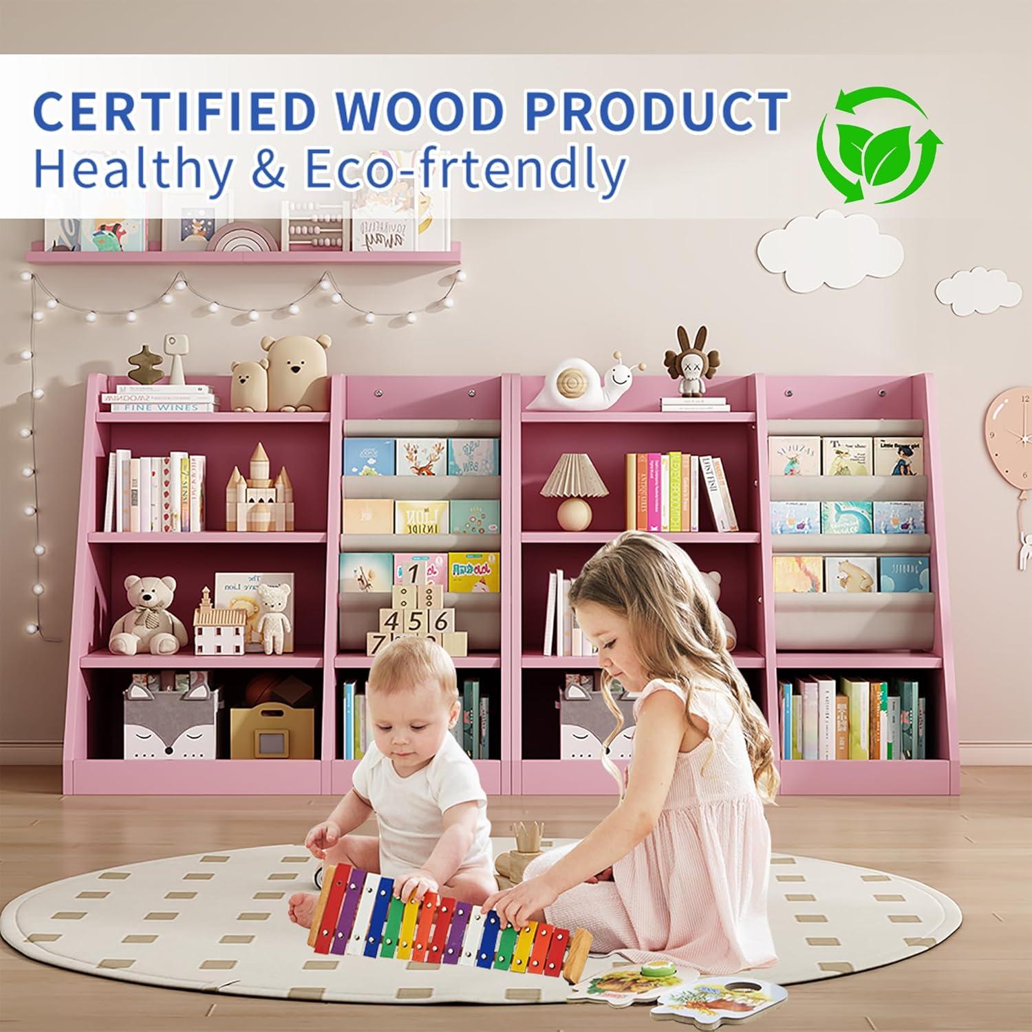 KEIKI 4-Tier Kids Bookshelf, Wooden Toy Storage Organizer Cabinet w/Adjustable Shelf, Montessori Kids Bookcase for Playroom Bedroom Nursery Hallway School, Pink