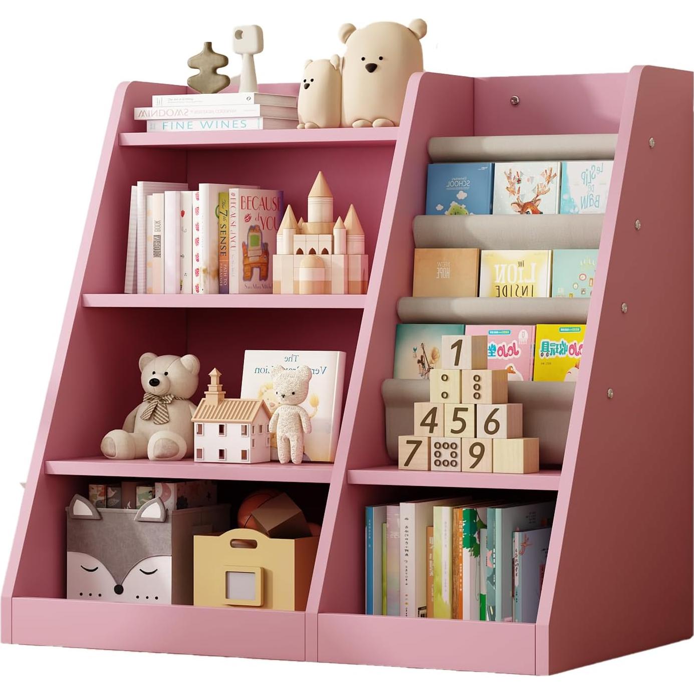 KEIKI 4-Tier Kids Bookshelf, Wooden Toy Storage Organizer Cabinet w/Adjustable Shelf, Montessori Kids Bookcase for Playroom Bedroom Nursery Hallway School, Pink