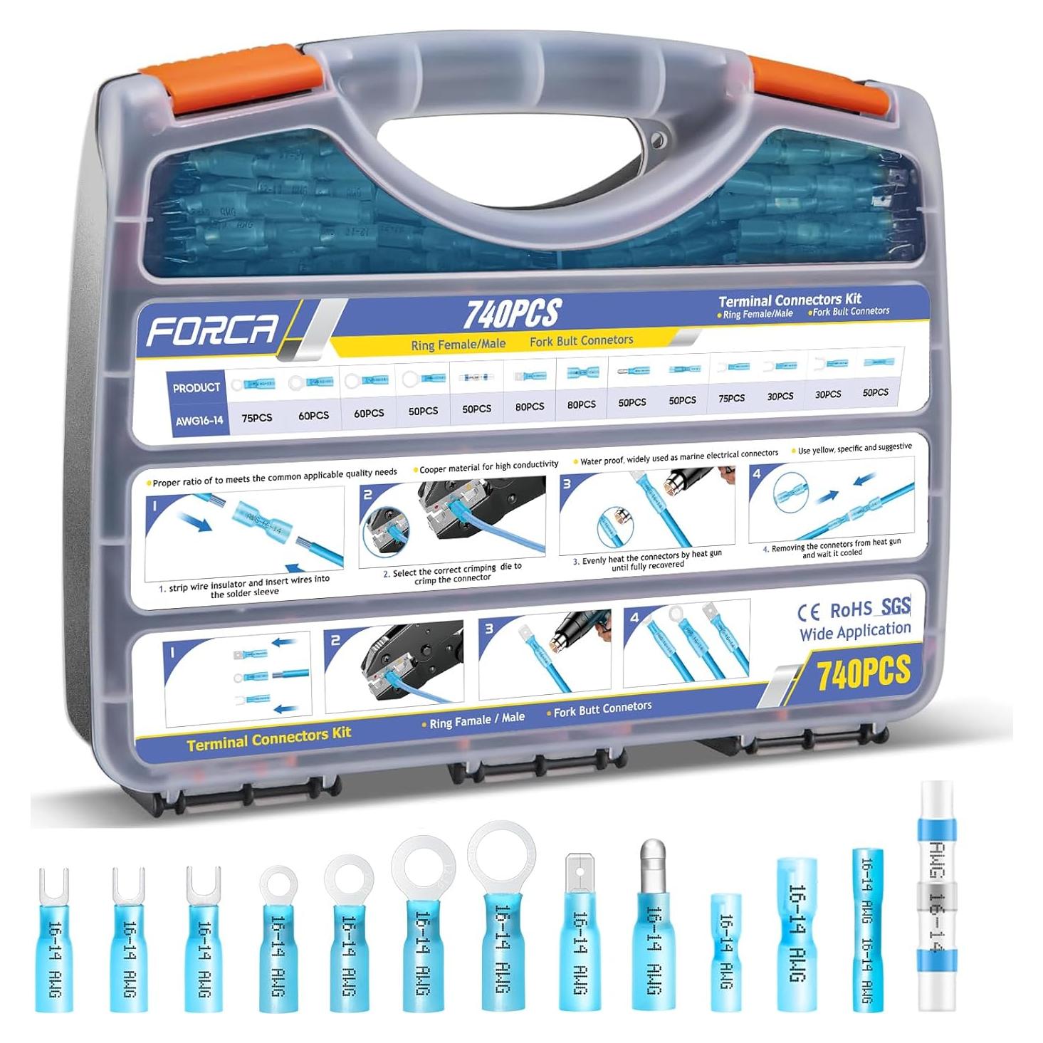 Kit de Conectores de Cable Termoretráctiles FORCA 740pcs AWG 16-14